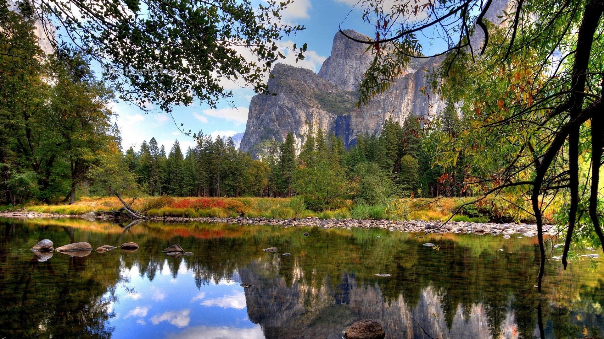 Mountain reflection in a forest lake during autumn HD Wallpaper