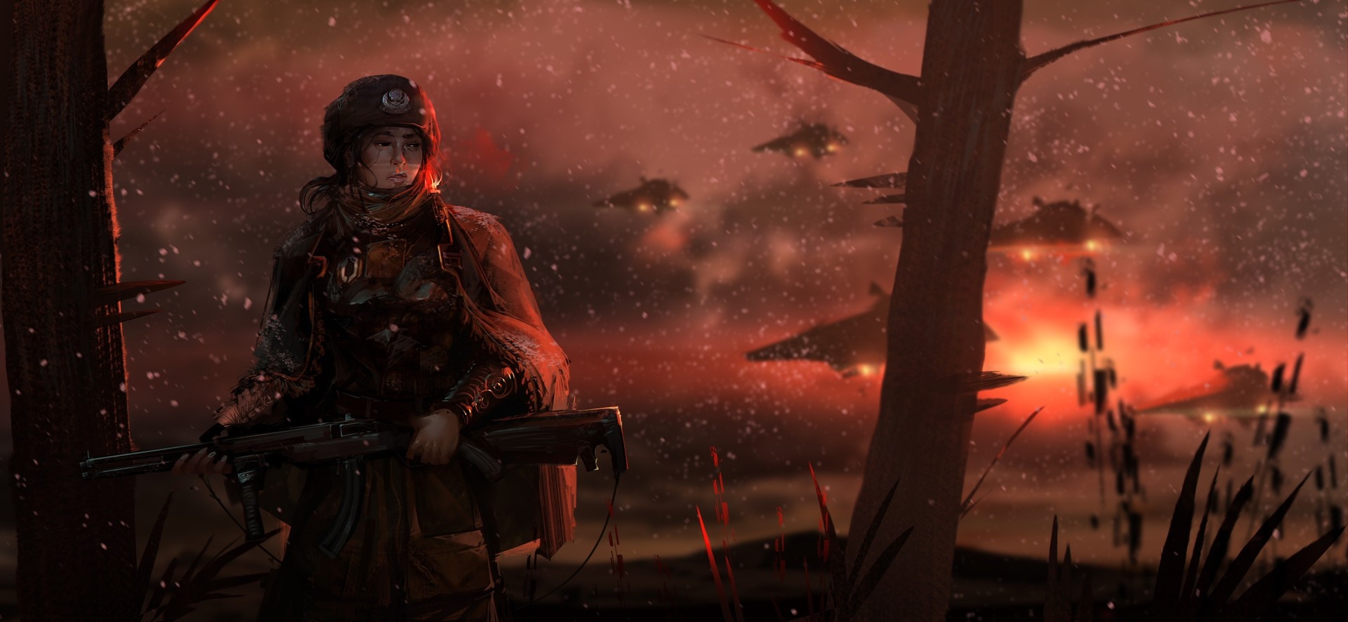 Soldier with rifle and flying vehicles in a red sky HD Wallpaper