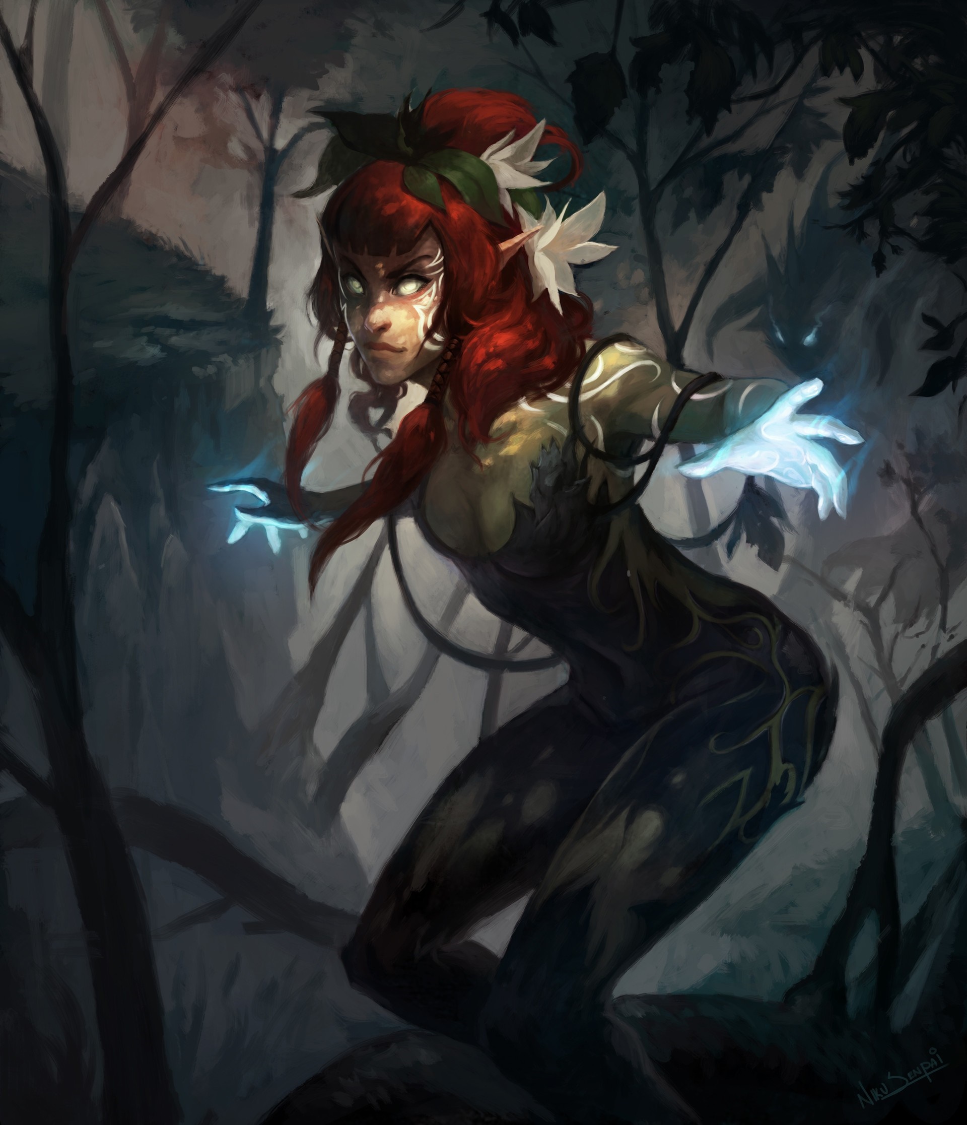 Fantasy illustration of a red-haired female character with glowing hands in a forest HD Wallpaper