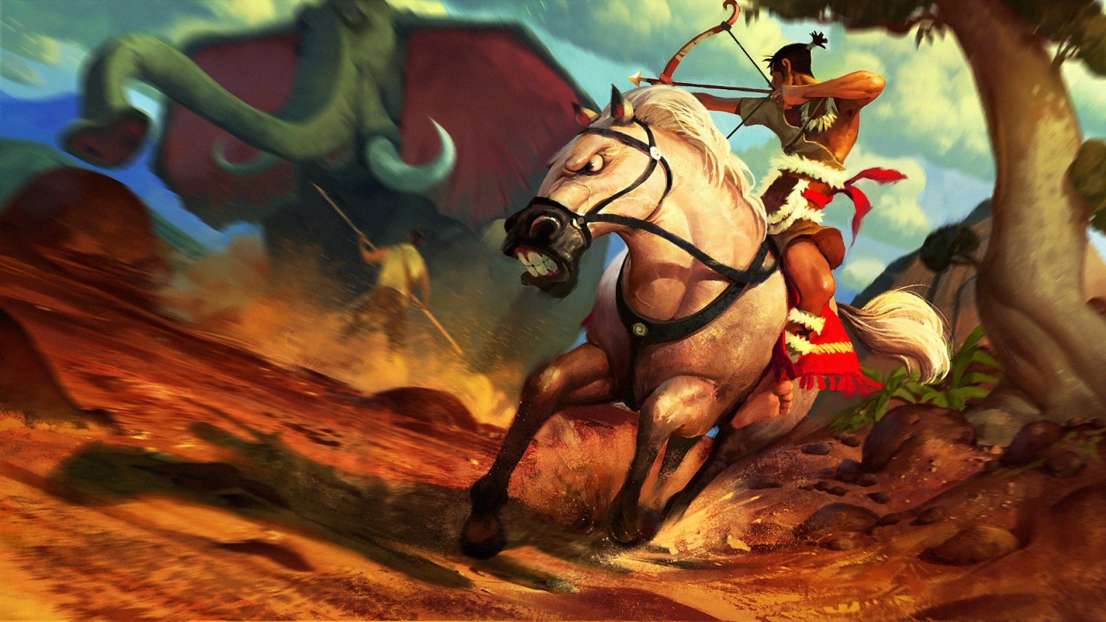 Archer on horseback fighting an elephant HD Wallpaper