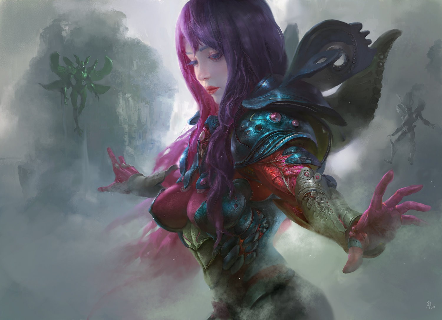 Fantasy art of a woman with purple hair and armor HD Wallpaper