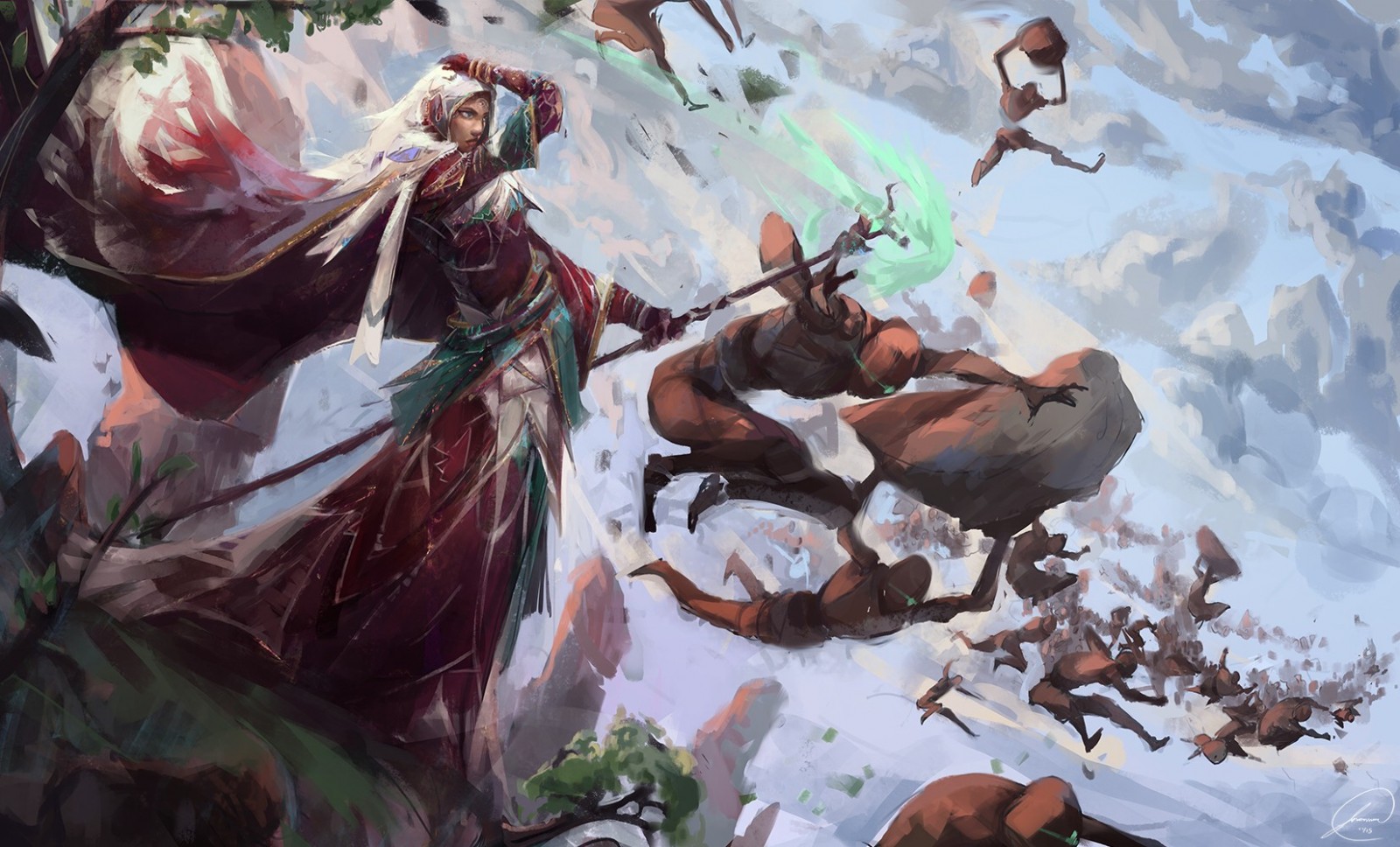 Fantasy art of a sorceress battling small figures HD Wallpaper