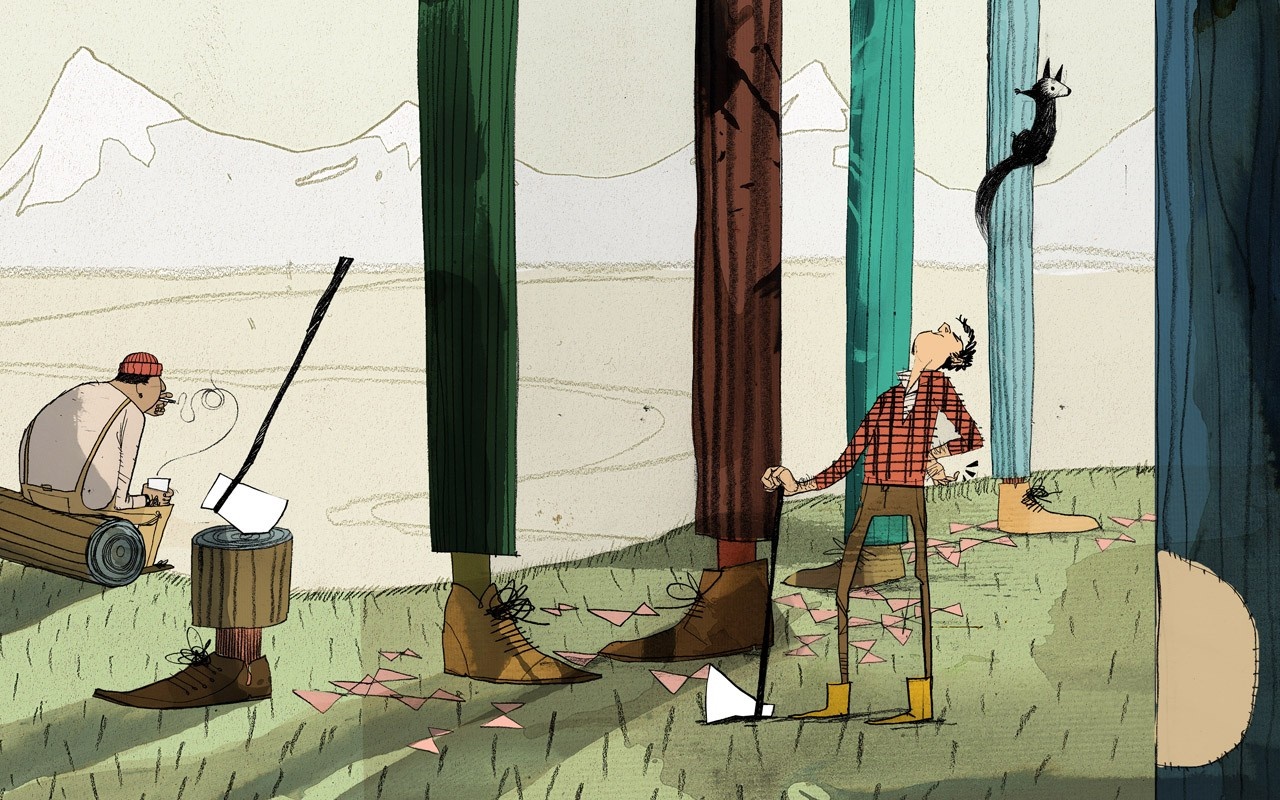 Surreal forest scene with lumberjacks and a squirrel HD Wallpaper
