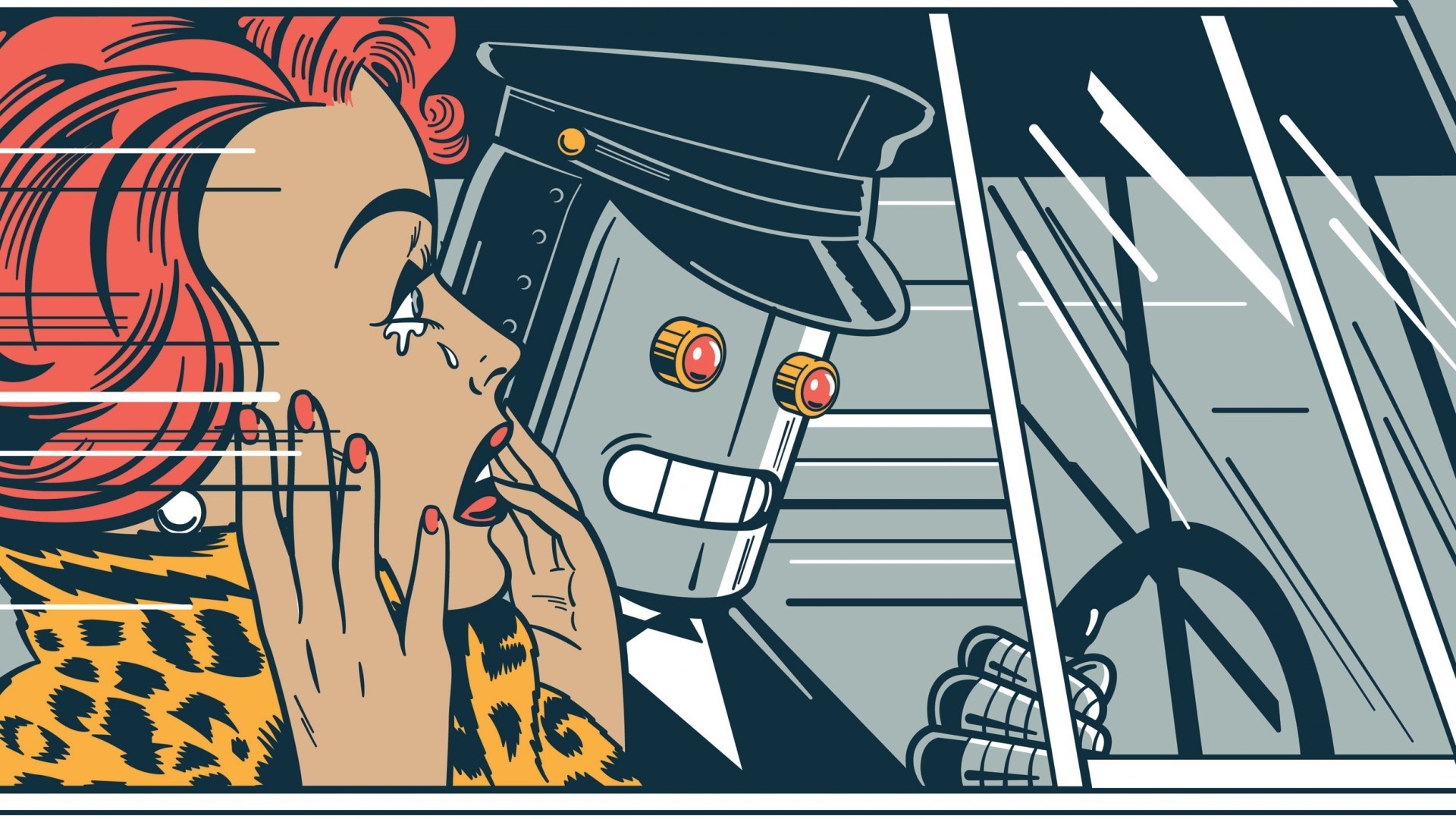 Woman crying in car with robot driver HD Wallpaper