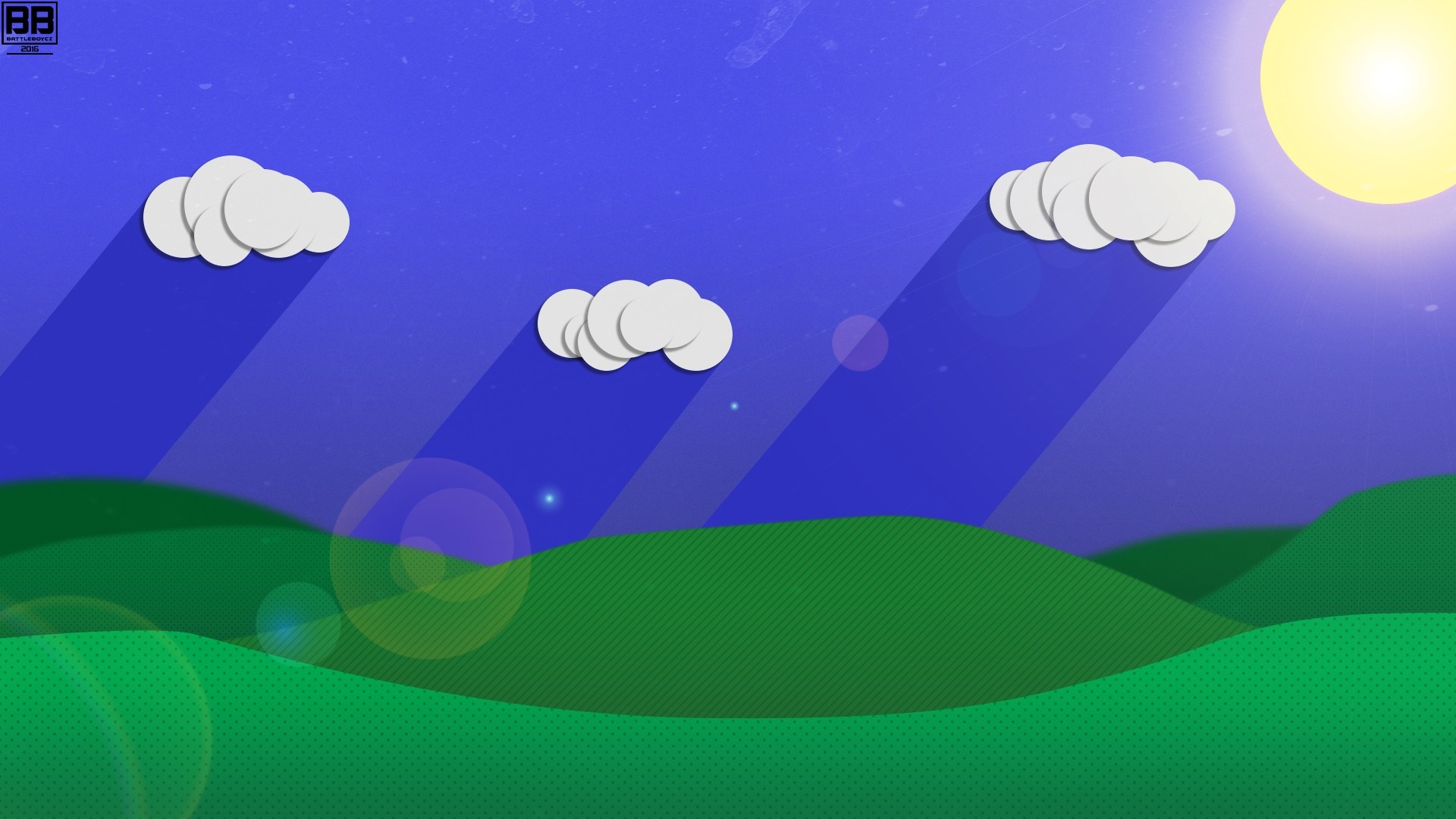 Minimalist landscape with sun, clouds, and hills HD Wallpaper