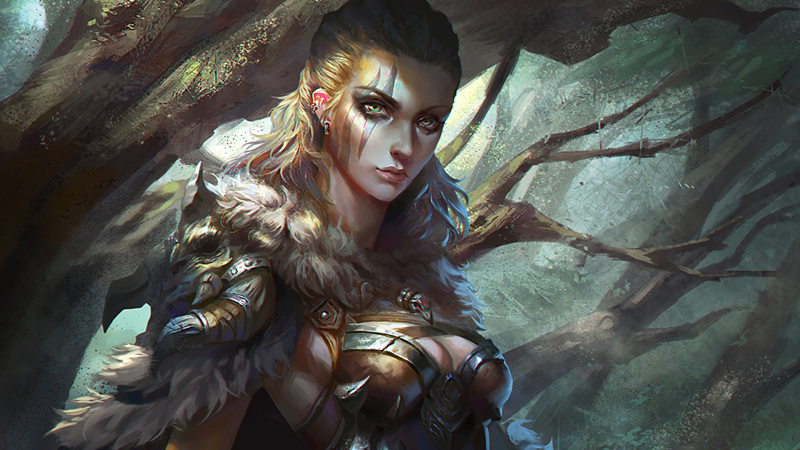 Fantasy woman warrior with war paint in forest HD Wallpaper