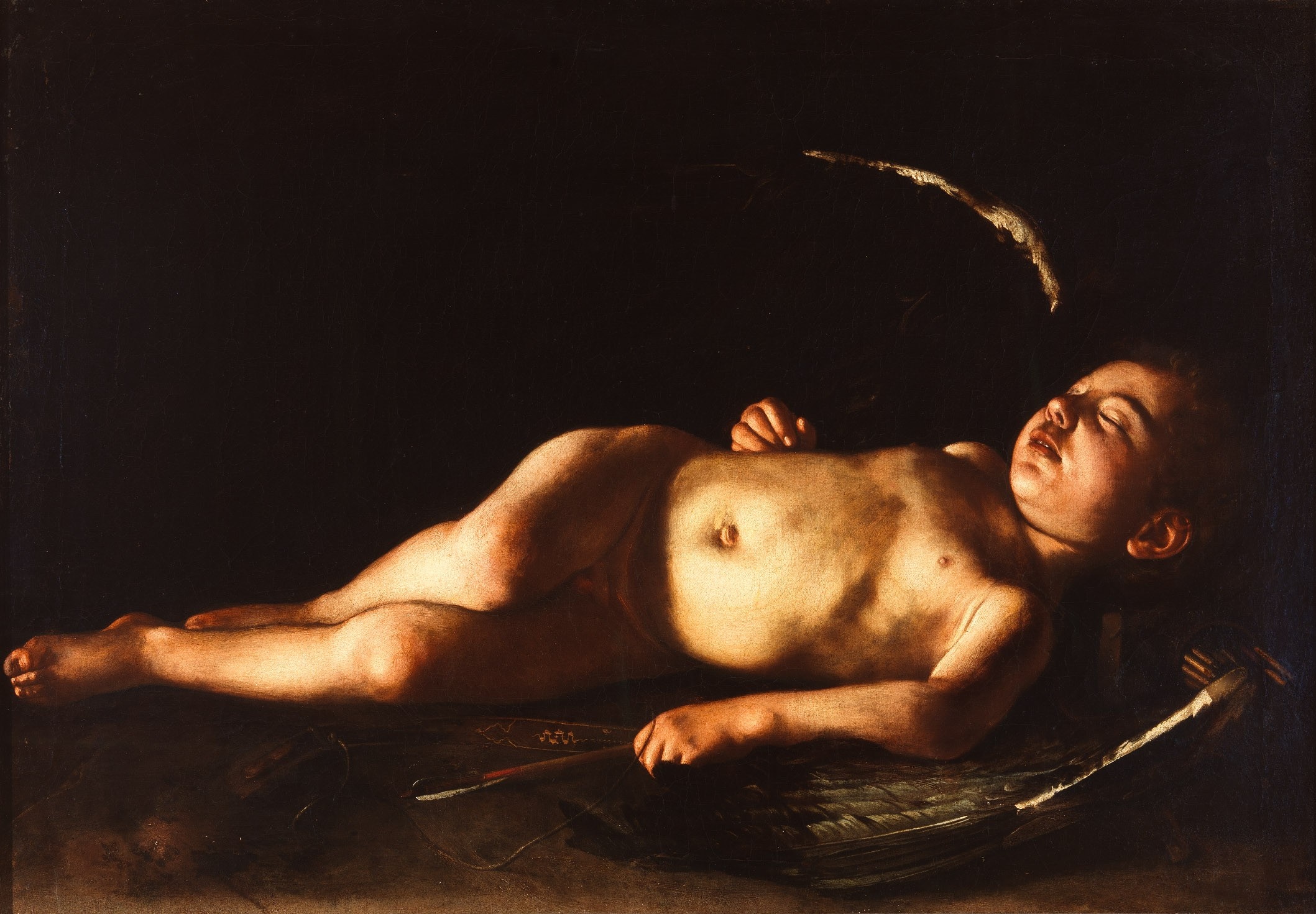 Painting of a sleeping cherub with wings and bow HD Wallpaper