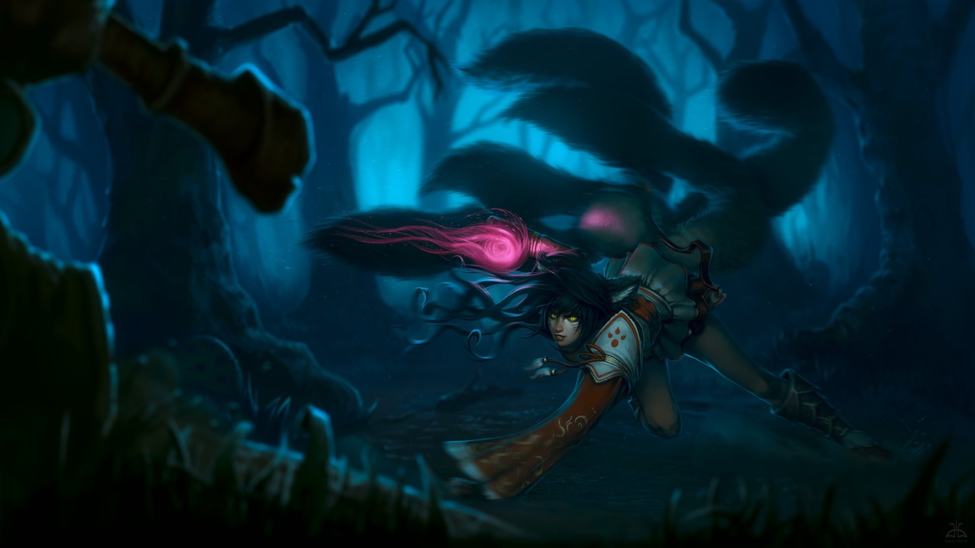 Ahri from League of Legends in a dark forest HD Wallpaper
