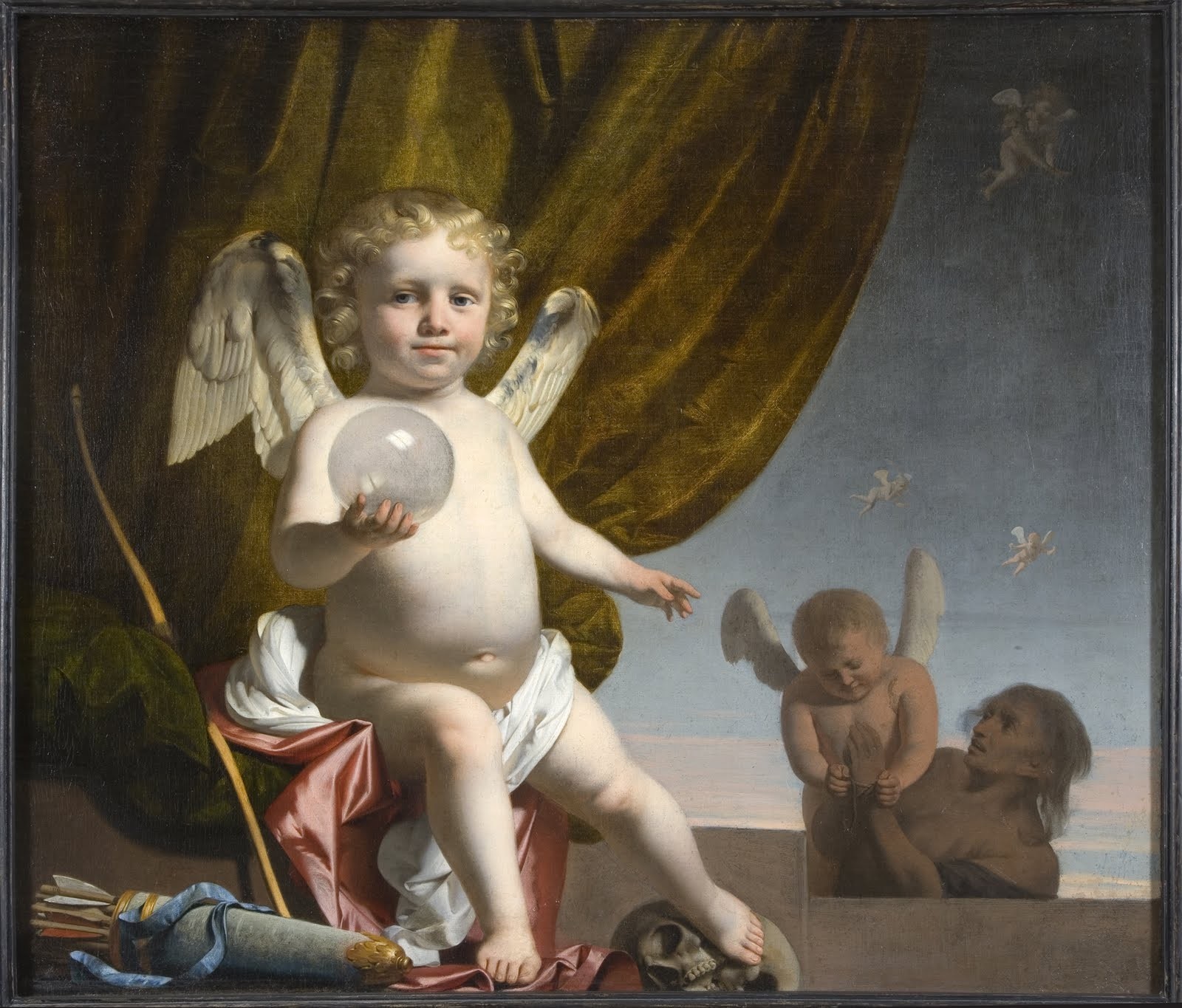 Painting of a winged child holding a bubble with a skull and cherubs HD Wallpaper