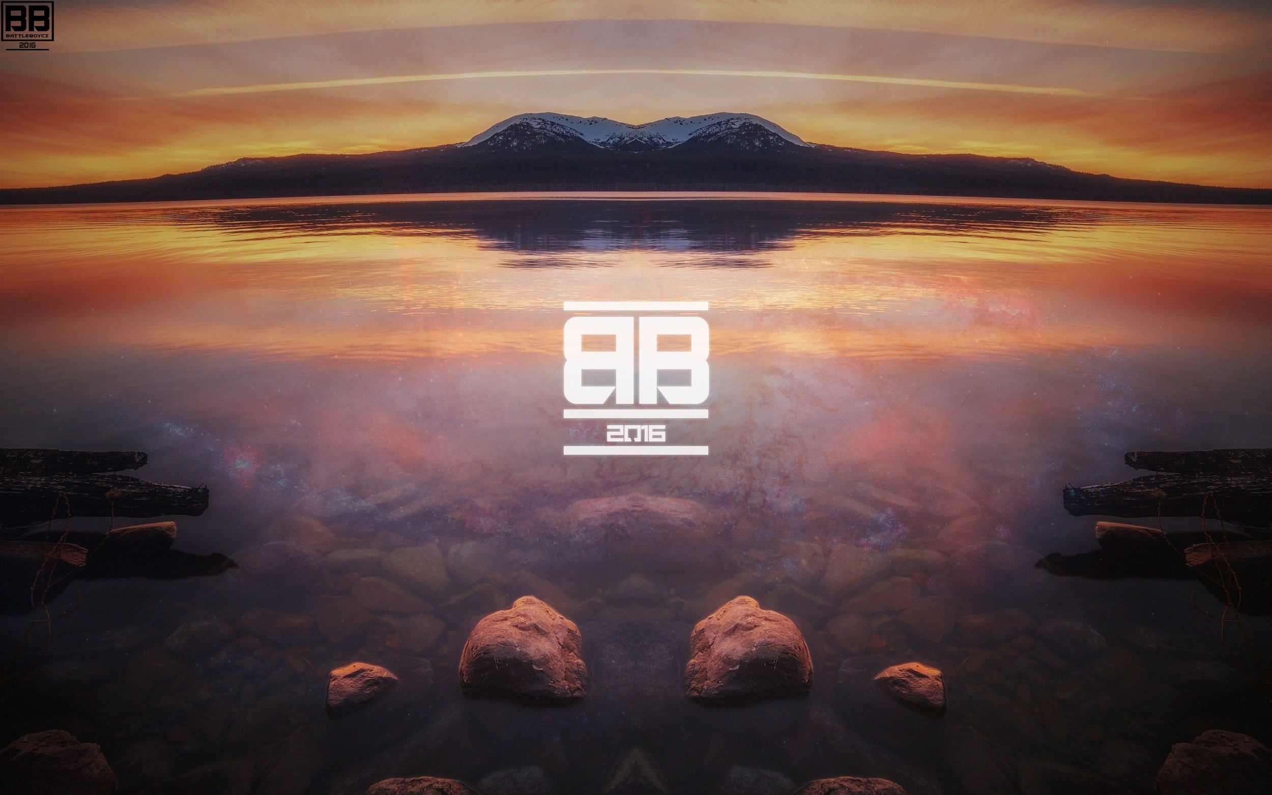 Sunset reflection over water with mountains and logo HD Wallpaper