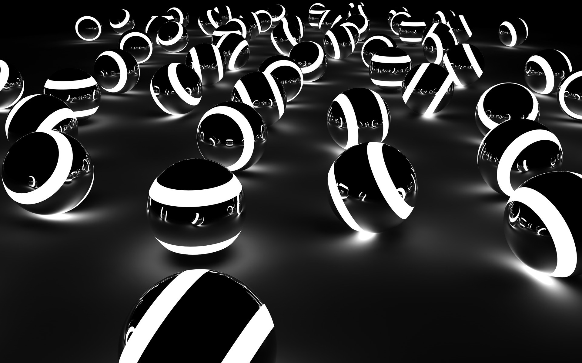 Monochrome illustration of glowing spheres on a dark surface HD Wallpaper