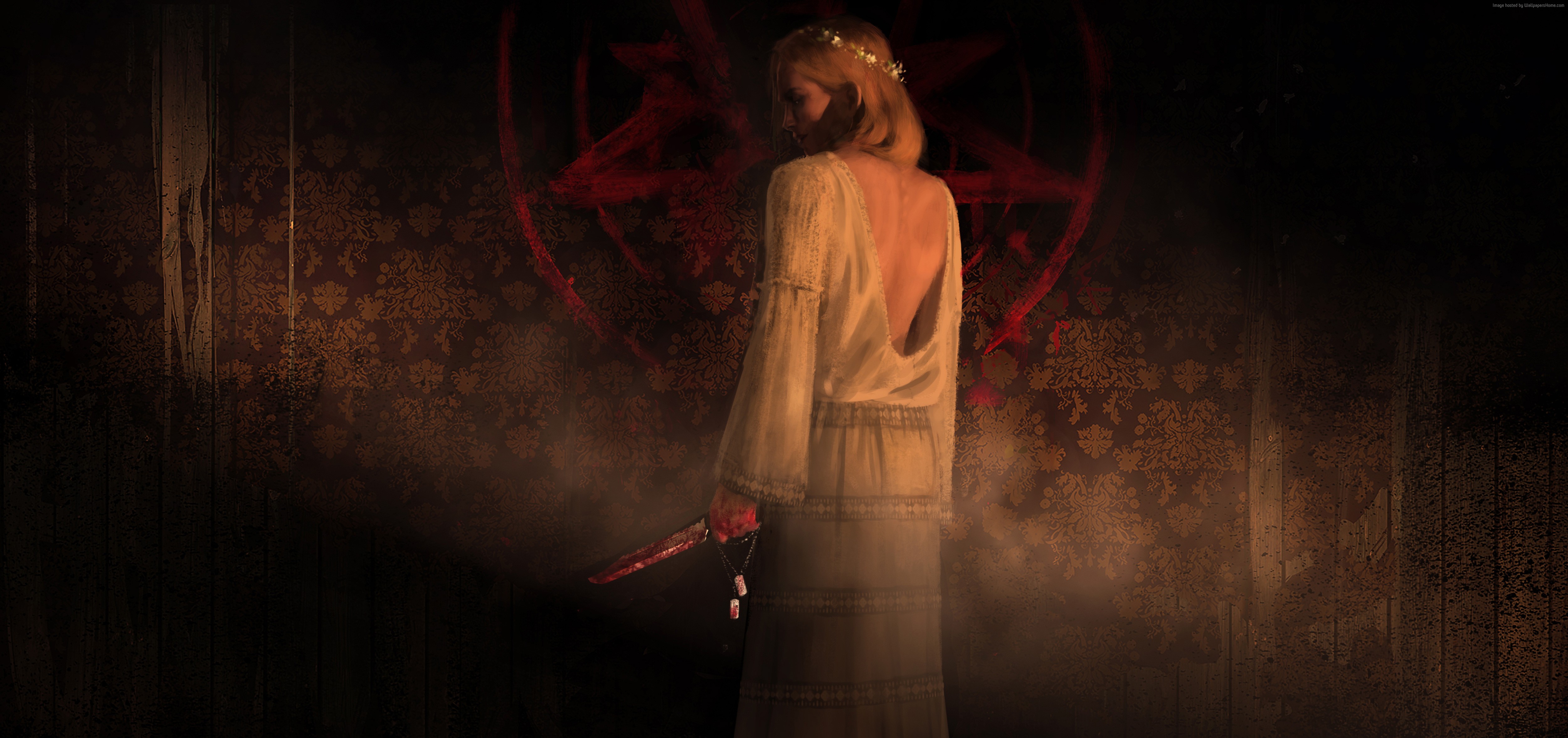 Woman with bloody knife in front of pentagram HD Wallpaper