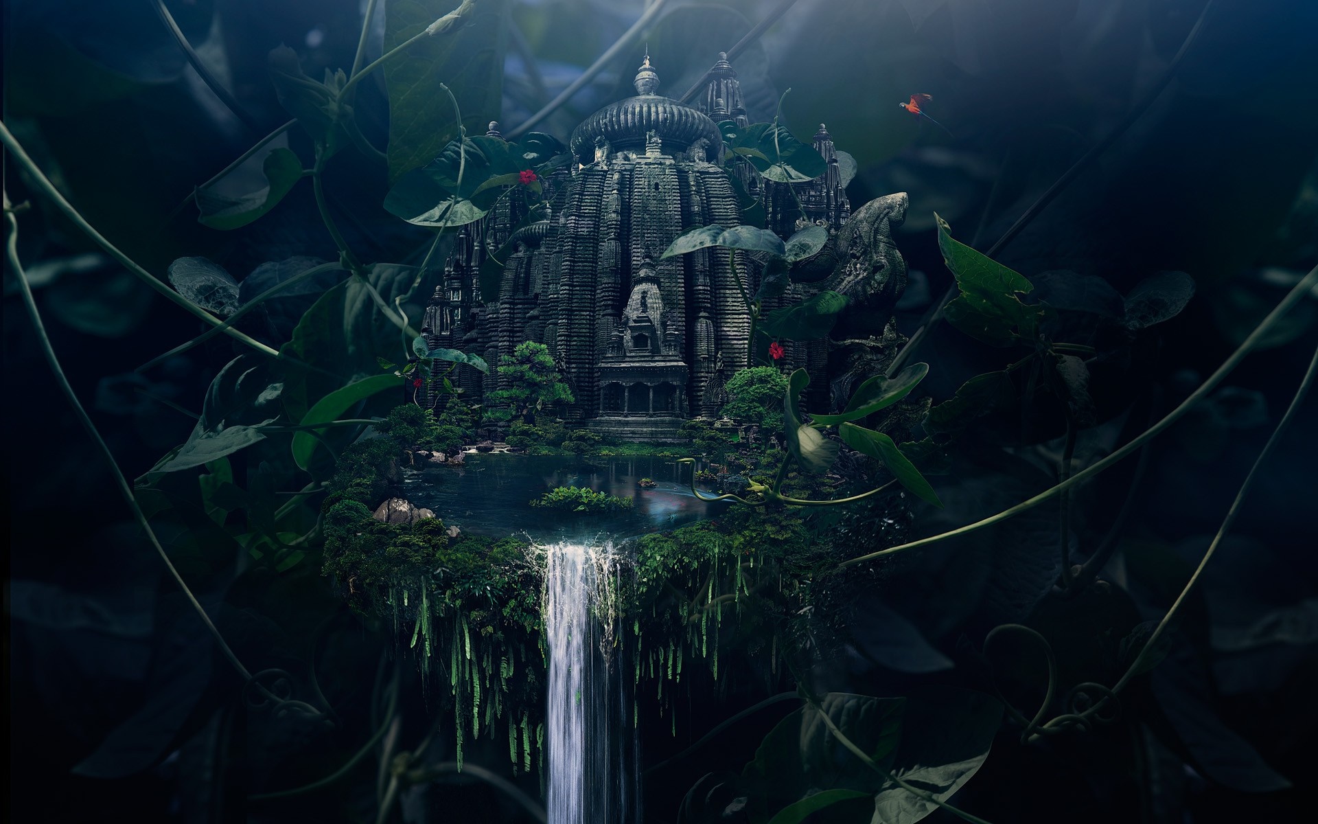 Ancient temple ruins overgrown with jungle and a waterfall HD Wallpaper