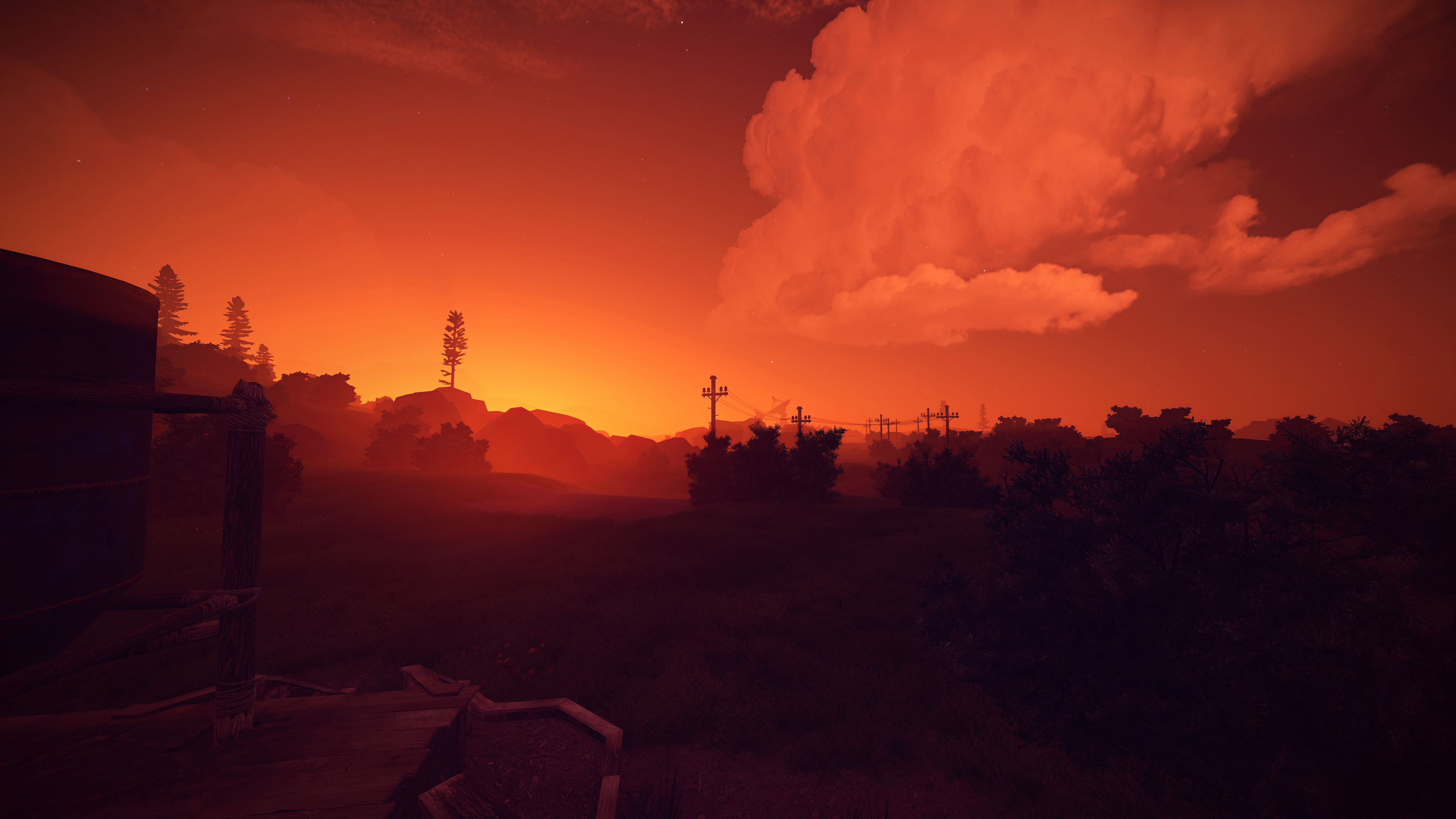 Digital art of a sunset over a landscape with power lines HD Wallpaper