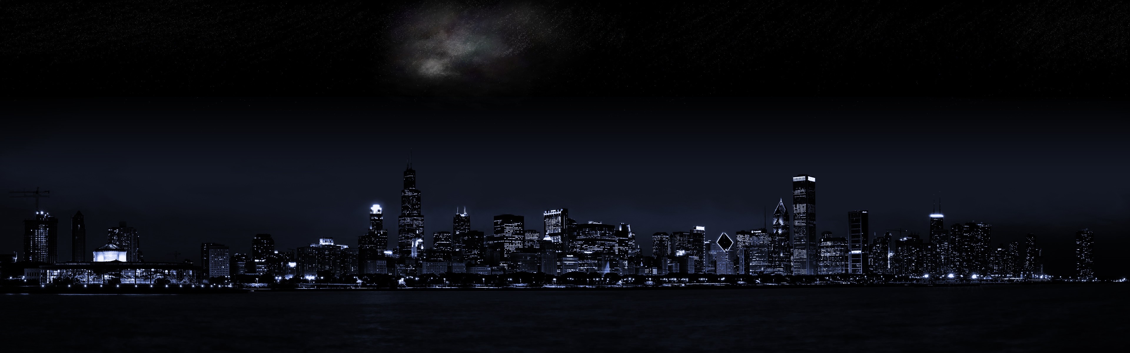 Monochrome cityscape at night with moon HD Wallpaper