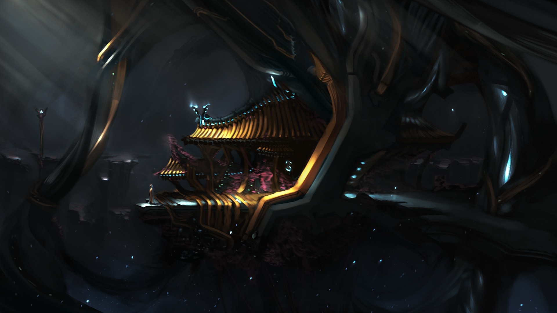 Futuristic alien temple with glowing lights HD Wallpaper