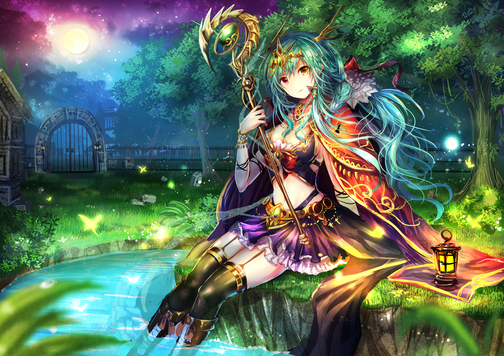 Anime girl with blue hair and staff in magical forest HD Wallpaper