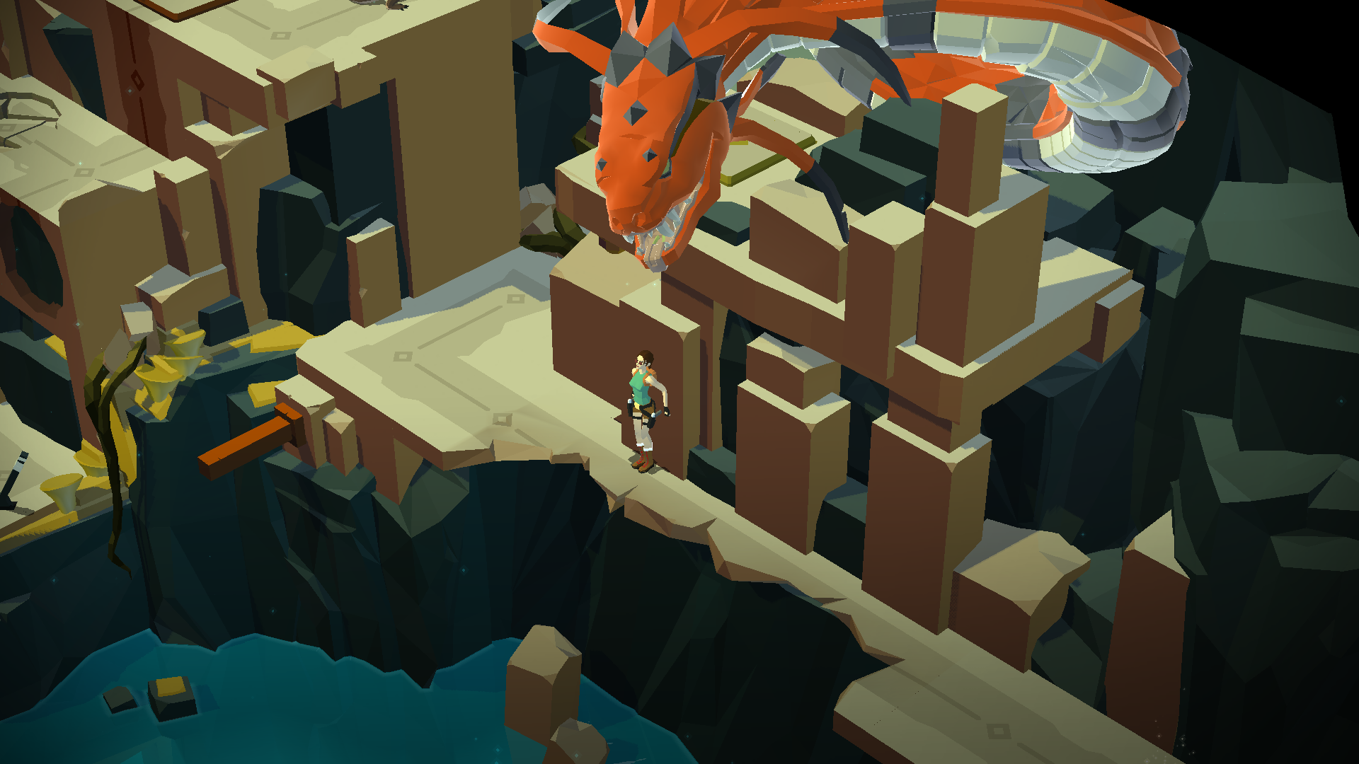 Lara Croft from Lara Croft GO facing a dragon HD Wallpaper