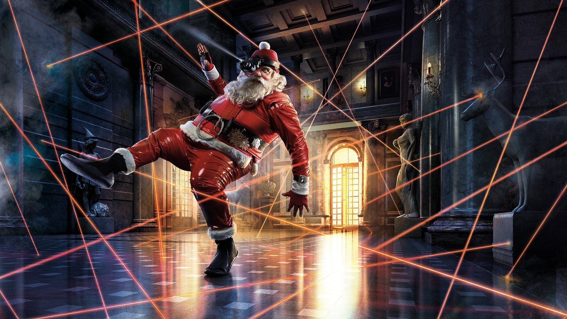 Santa Claus dodging lasers in a hallway HD Wallpaper
