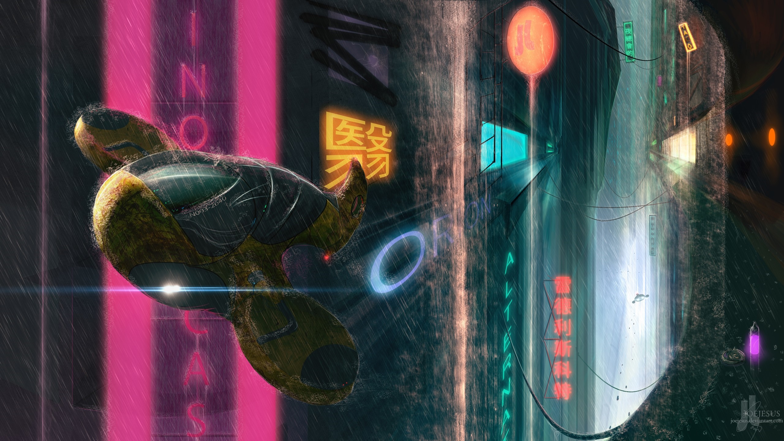 Cyberpunk spaceship flying through a rainy neon city at night HD Wallpaper