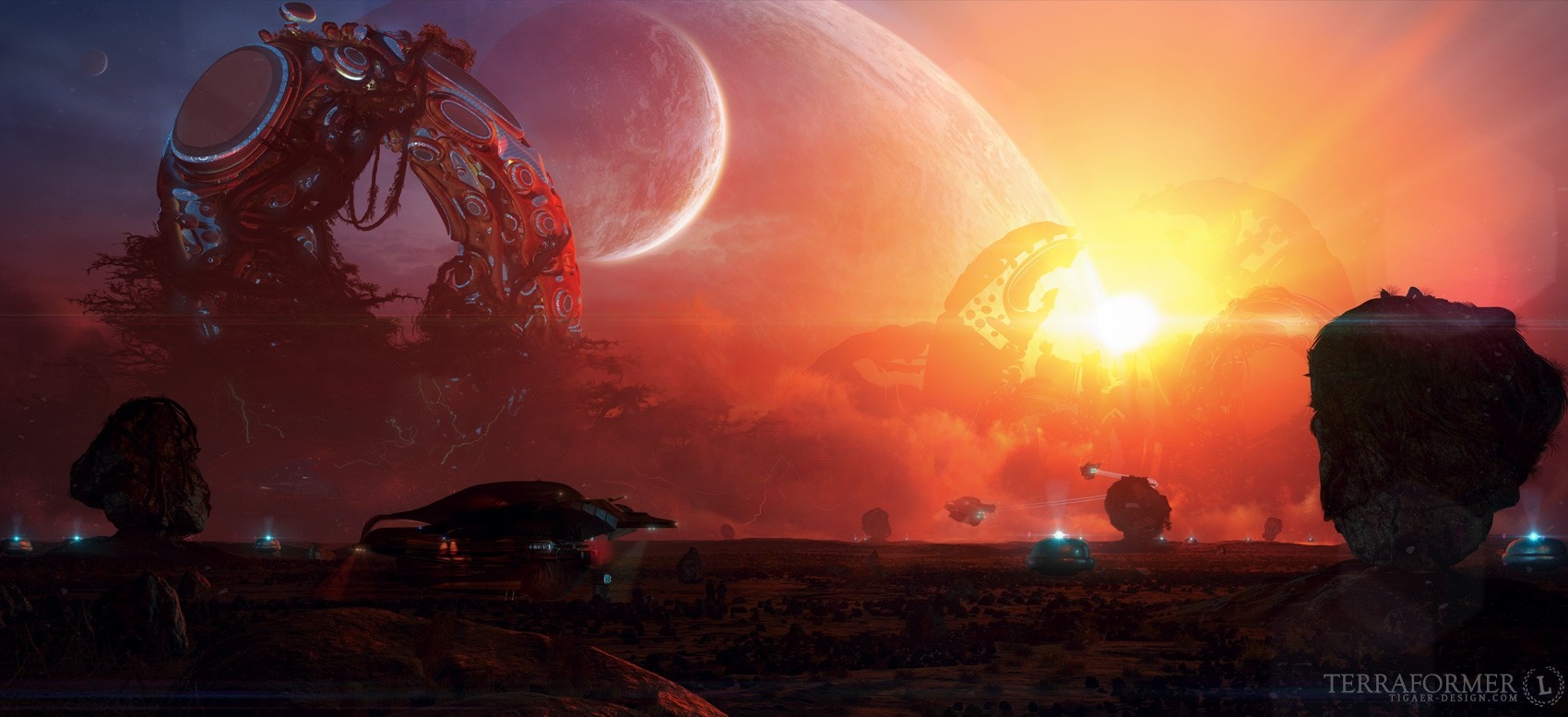 Alien landscape with strange structures and planets HD Wallpaper
