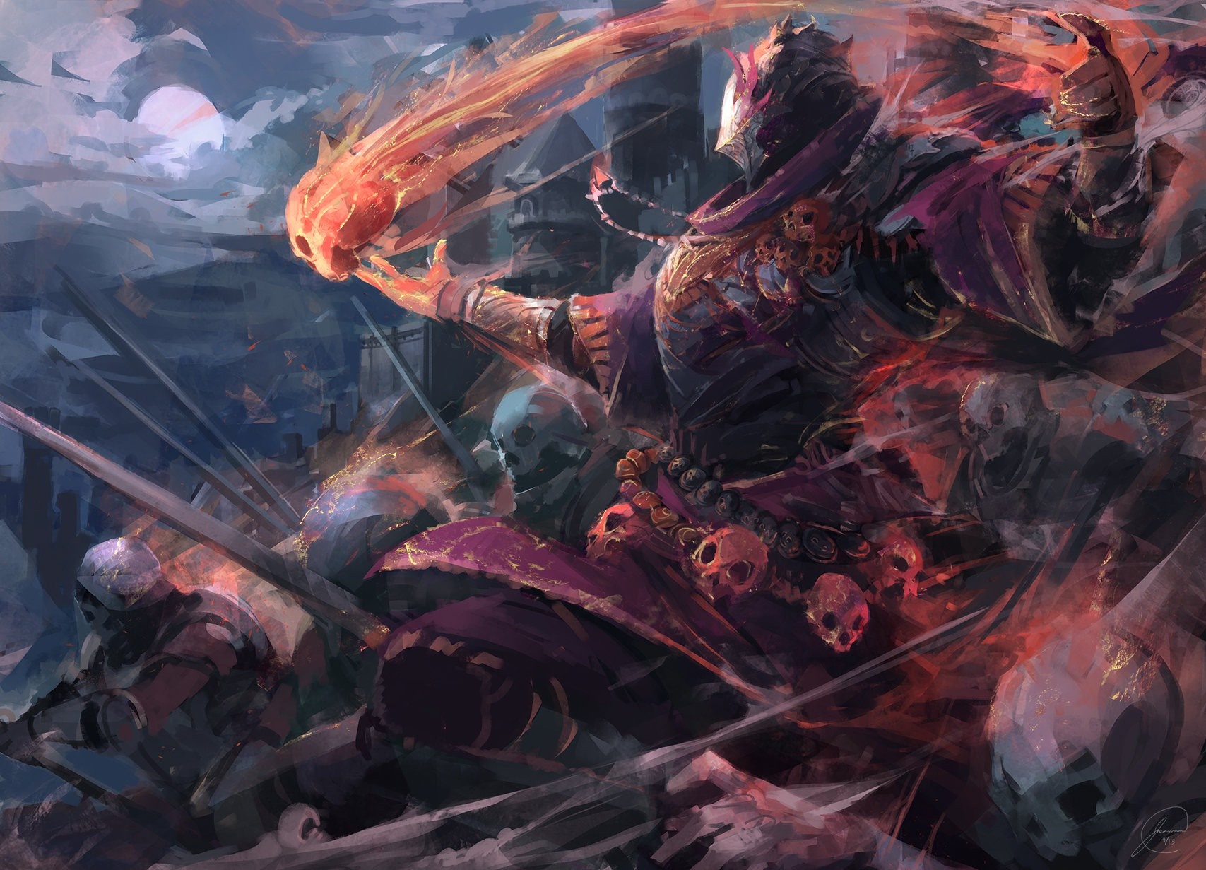 Necromancer casting a fiery skull spell with undead minions HD Wallpaper
