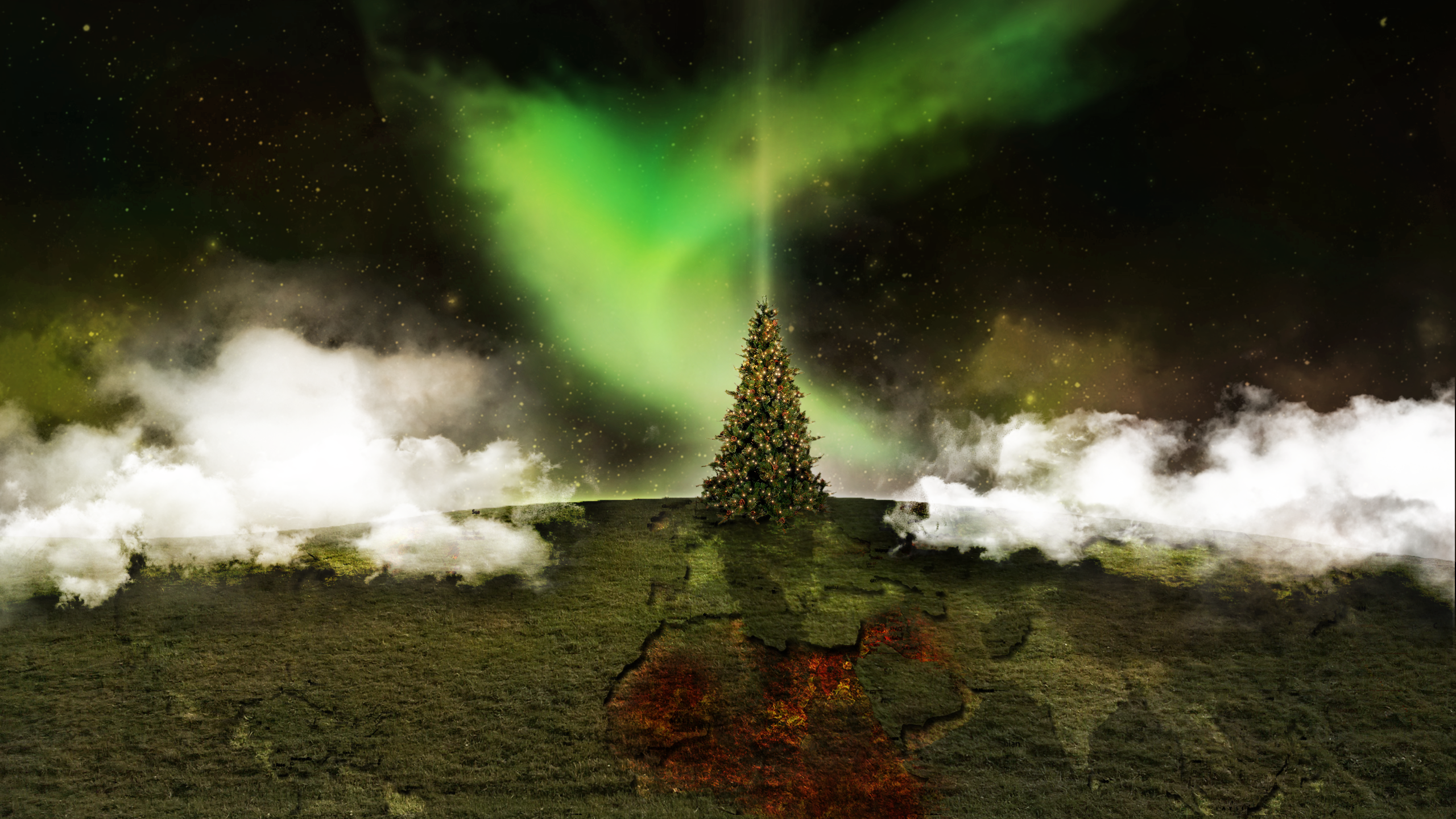 Christmas tree under Aurora Borealis HD Wallpaper