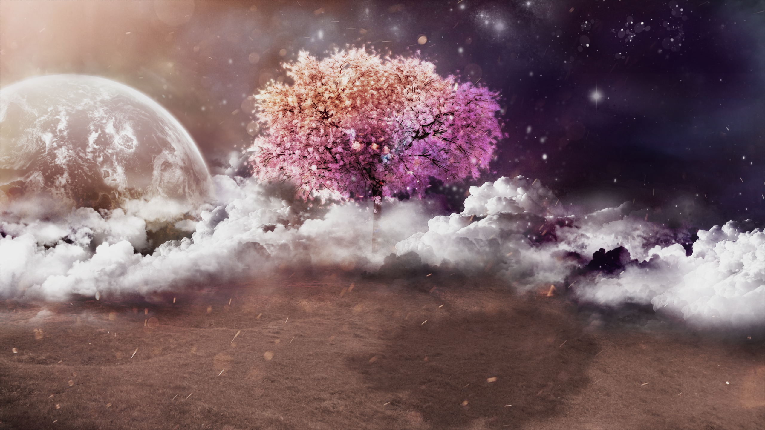 Fantasy planet with a tree and clouds in space HD Wallpaper