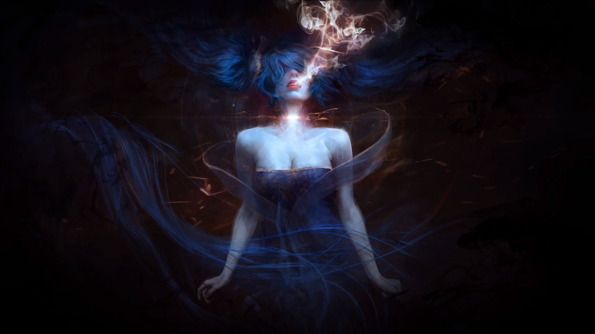 Sona from League of Legends with blue hair and smoke HD Wallpaper