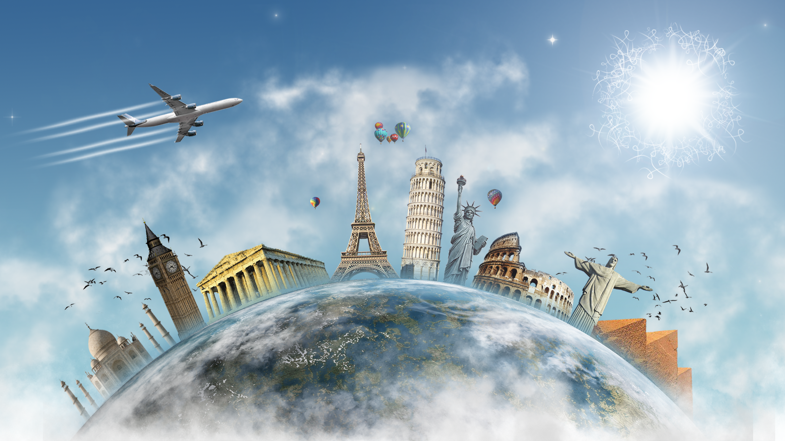 World landmarks and airplane on a globe HD Wallpaper