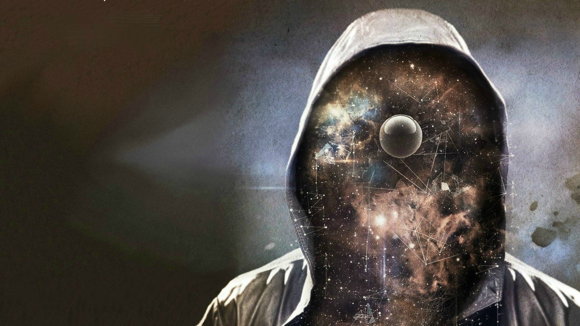 Person in a hood with a universe inside their head HD Wallpaper
