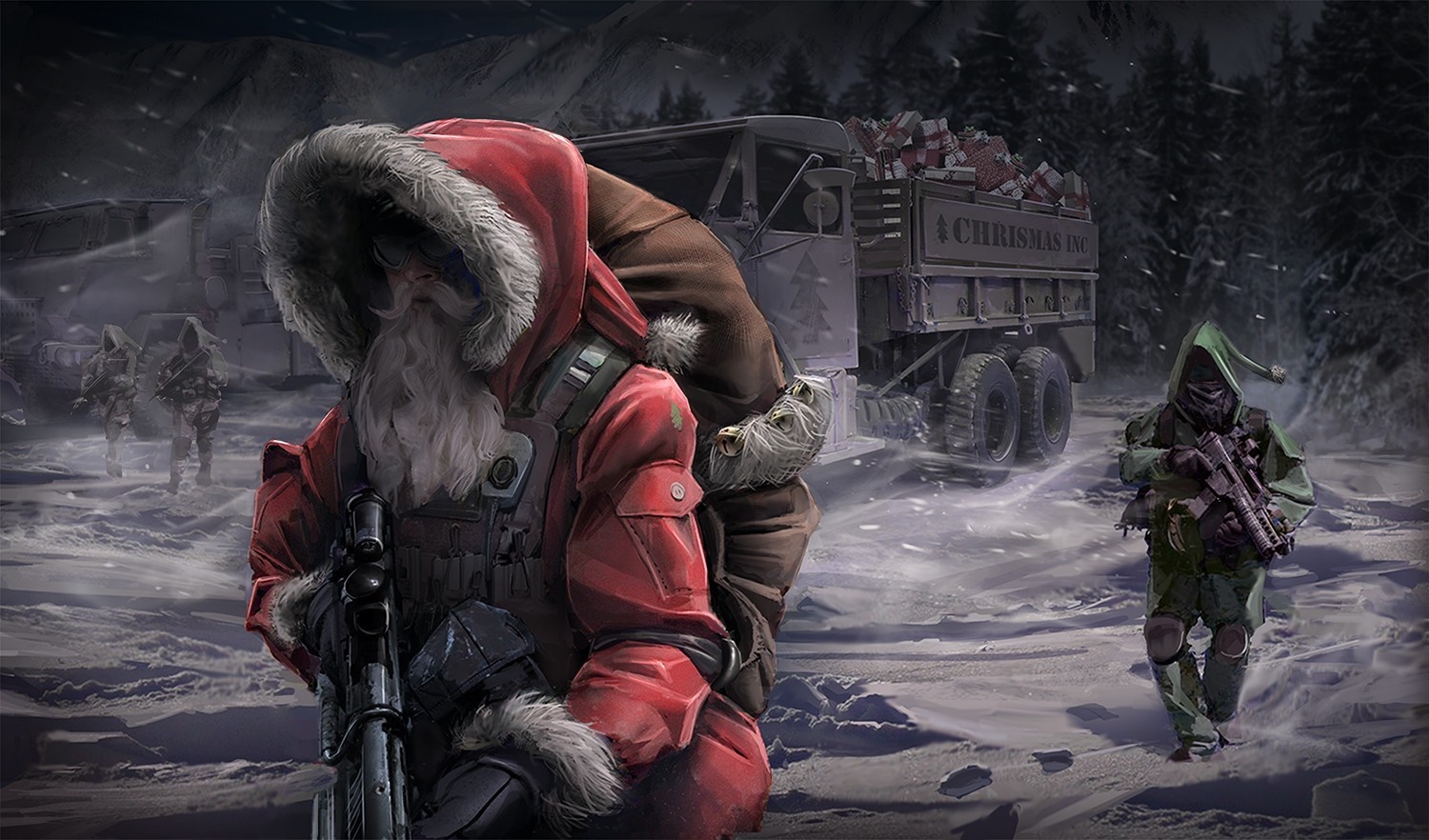 Santa and elf soldiers with gifts in a snowy forest HD Wallpaper