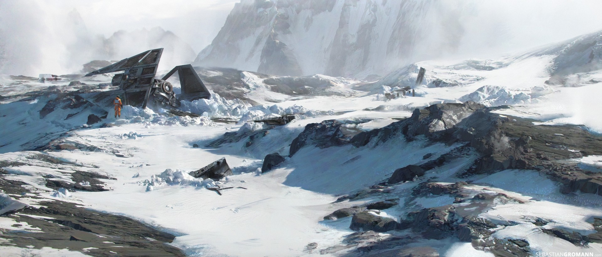 Star Wars scene with crashed ship in snowy mountains HD Wallpaper