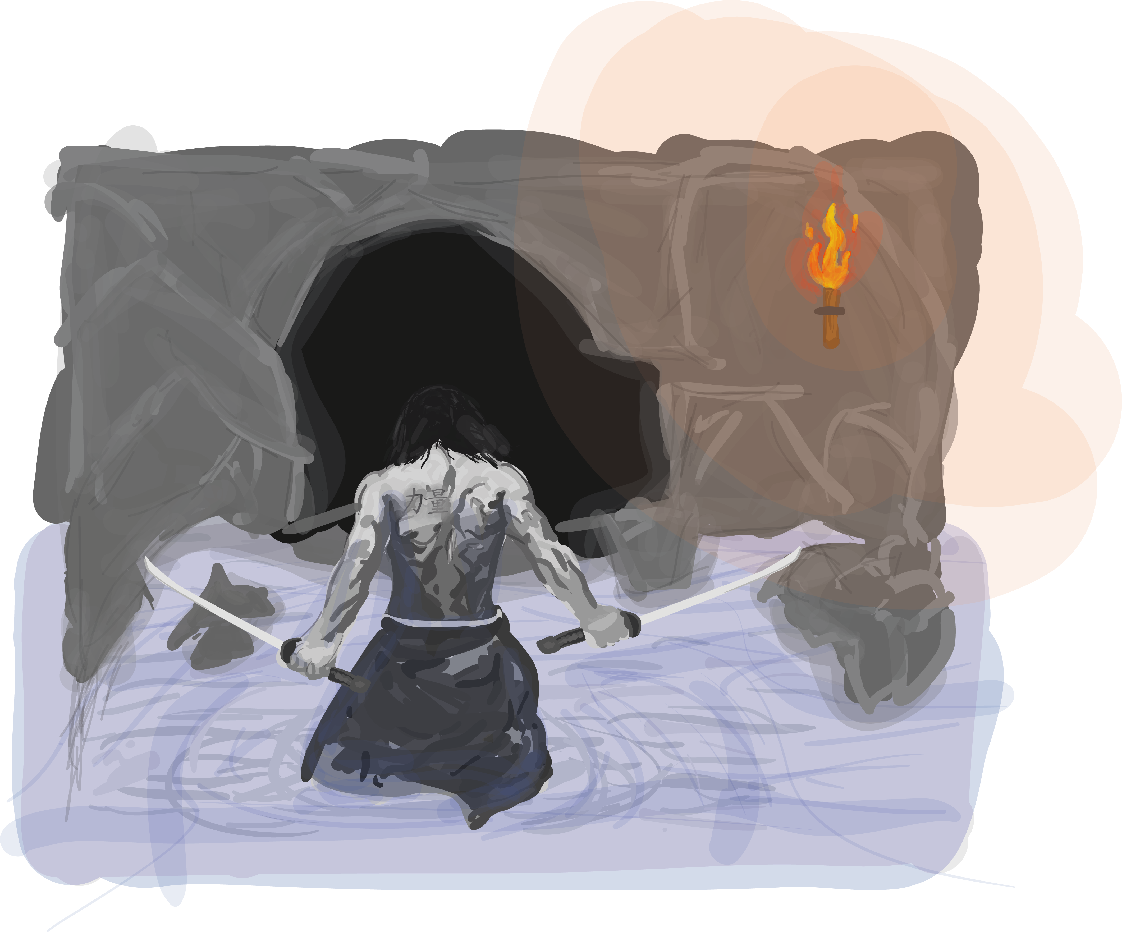 Man with swords in a cave with a torch HD Wallpaper