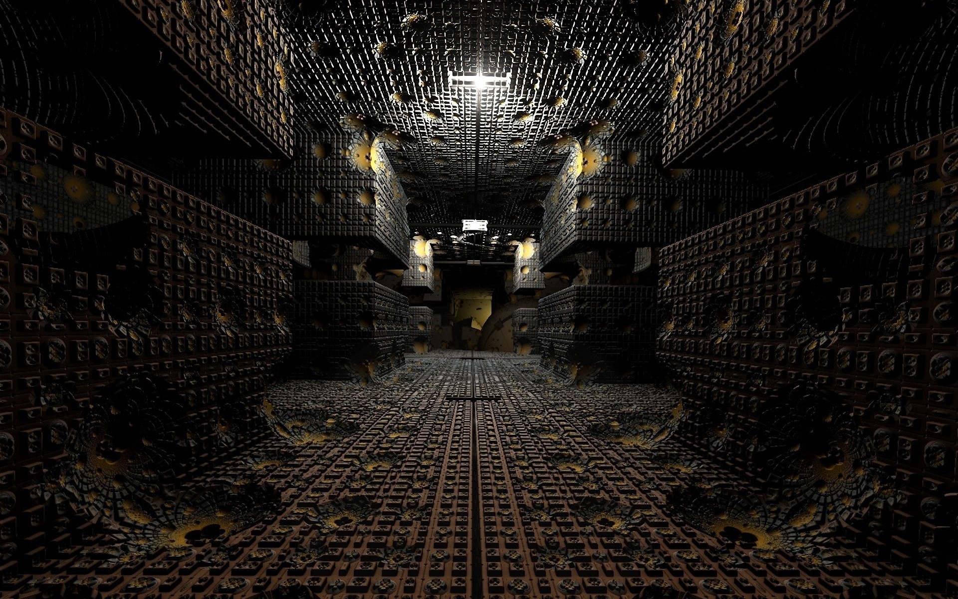 Dark fractal architecture with a central light HD Wallpaper