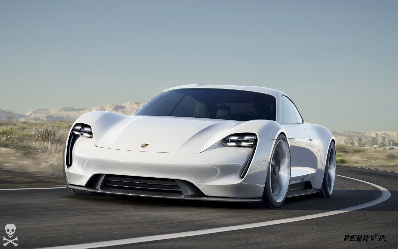 White Porsche Taycan concept car driving on a road HD Wallpaper