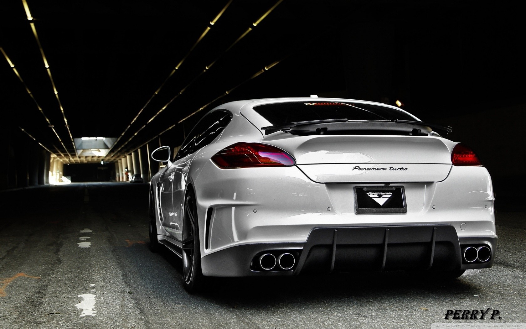 White Porsche Panamera Turbo in a tunnel HD Wallpaper