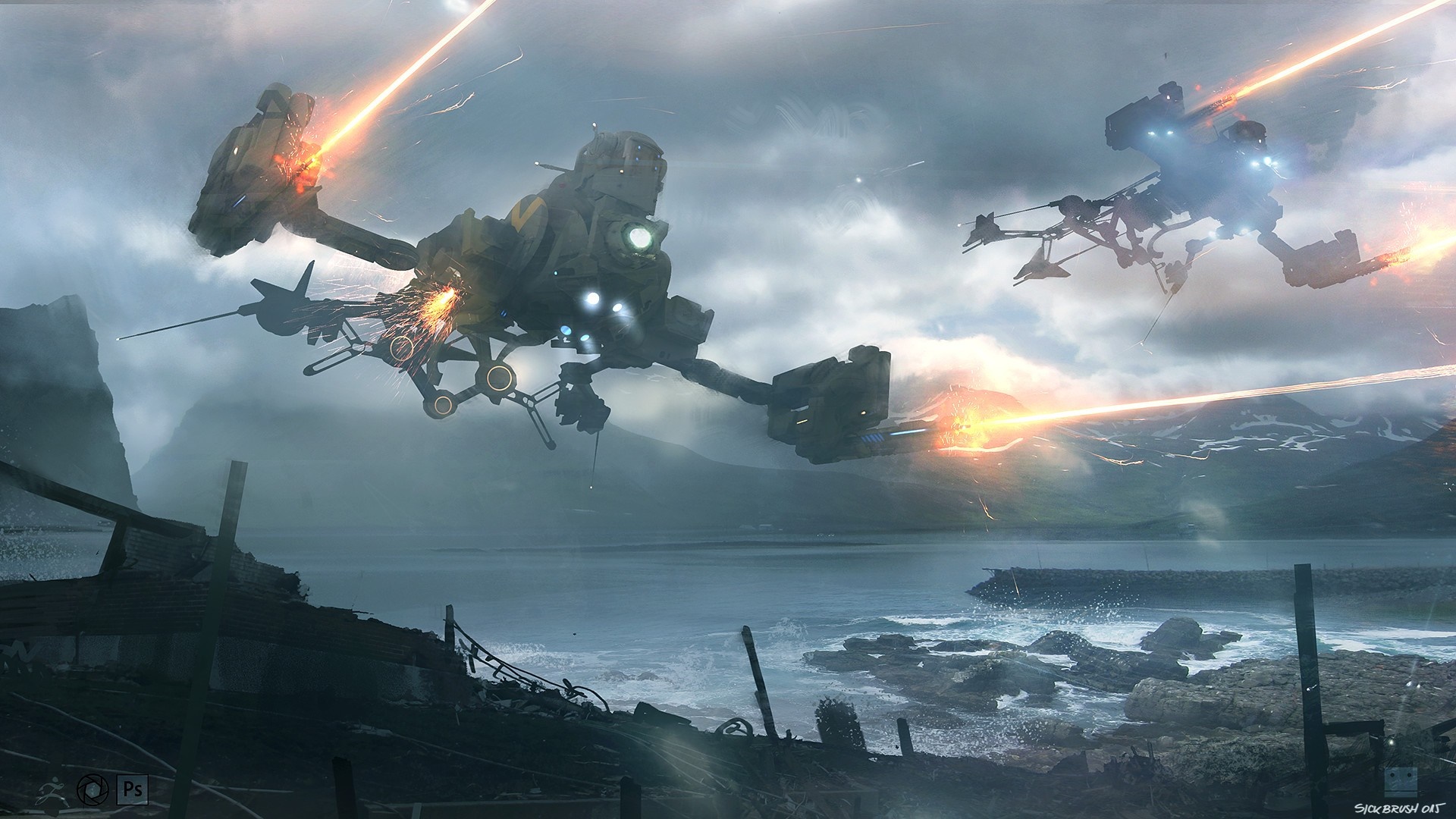 Science fiction mechs in aerial combat over a rocky coast HD Wallpaper