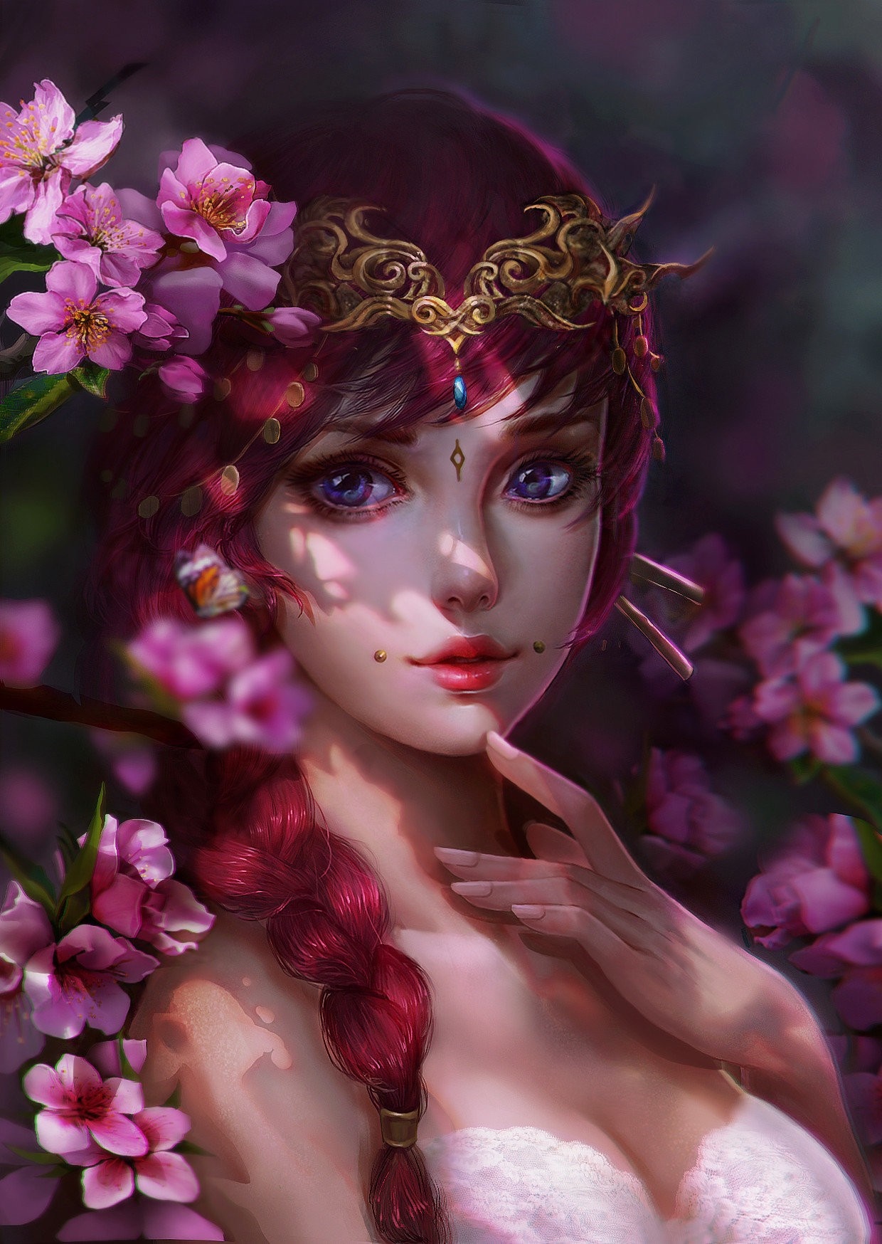 Fictional lady with pink flowers and golden crown HD Wallpaper