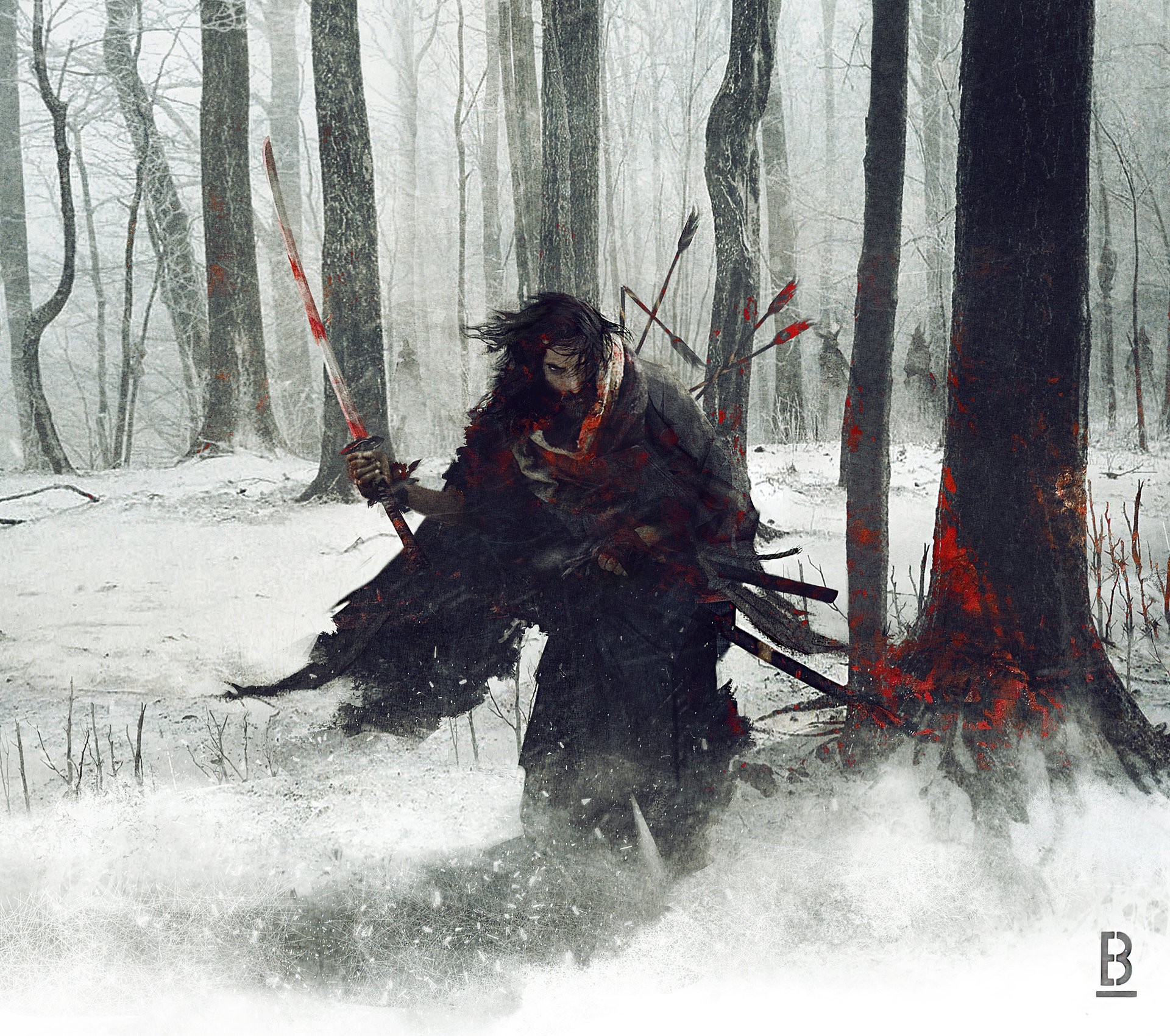 Samurai warrior in a snowy forest with arrows HD Wallpaper