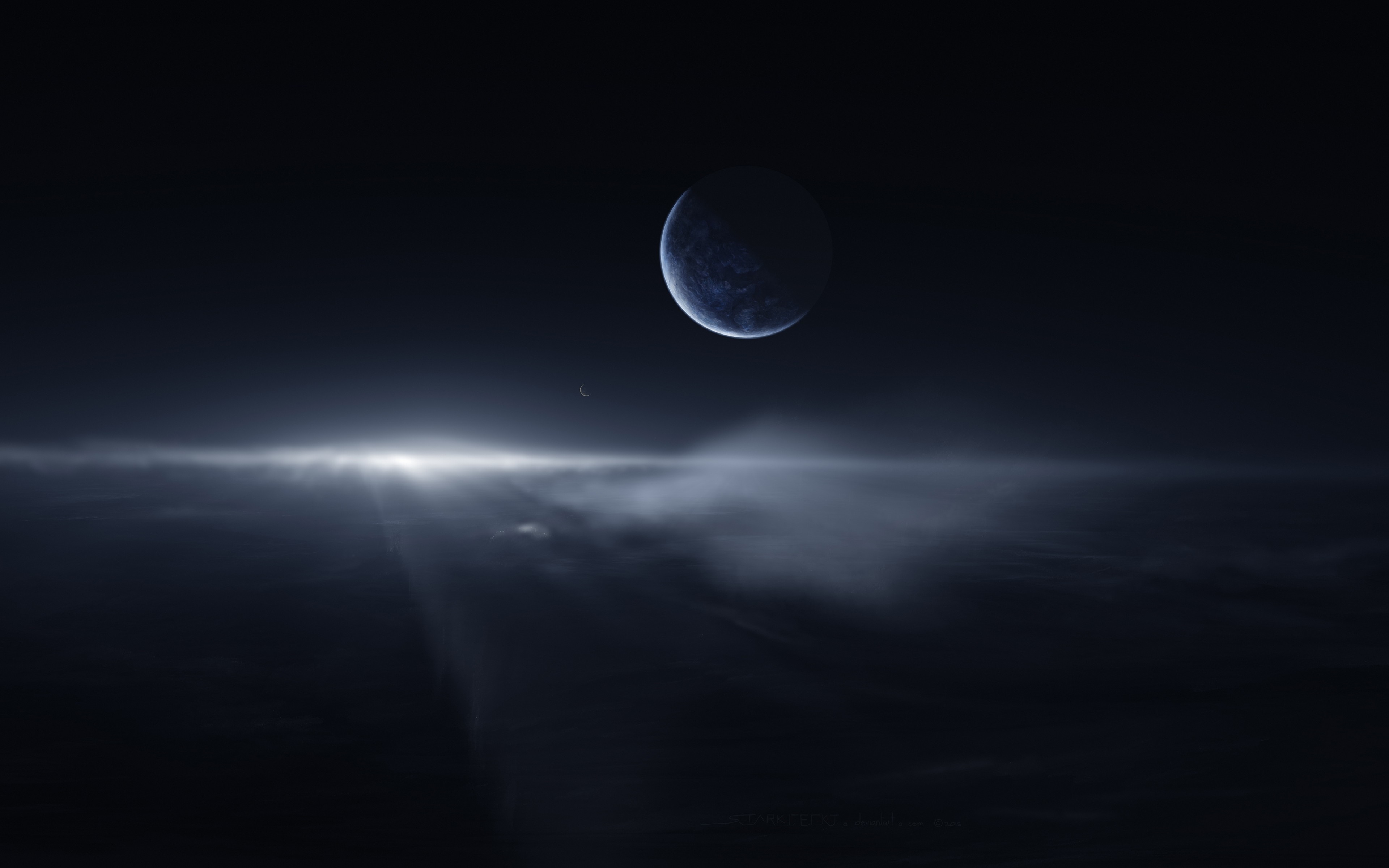 Planet and moon in dark space with light beams HD Wallpaper
