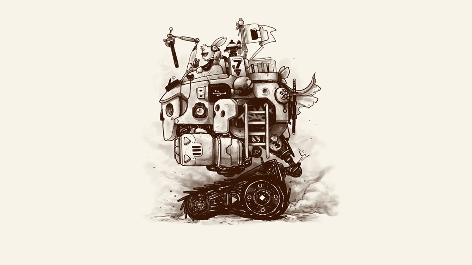 Robot with rabbit and skull motifs on treads HD Wallpaper