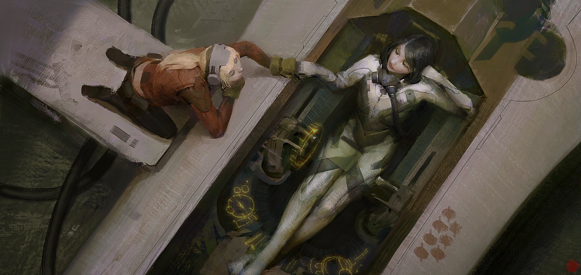 Science fiction scene with pilots and mechanics HD Wallpaper