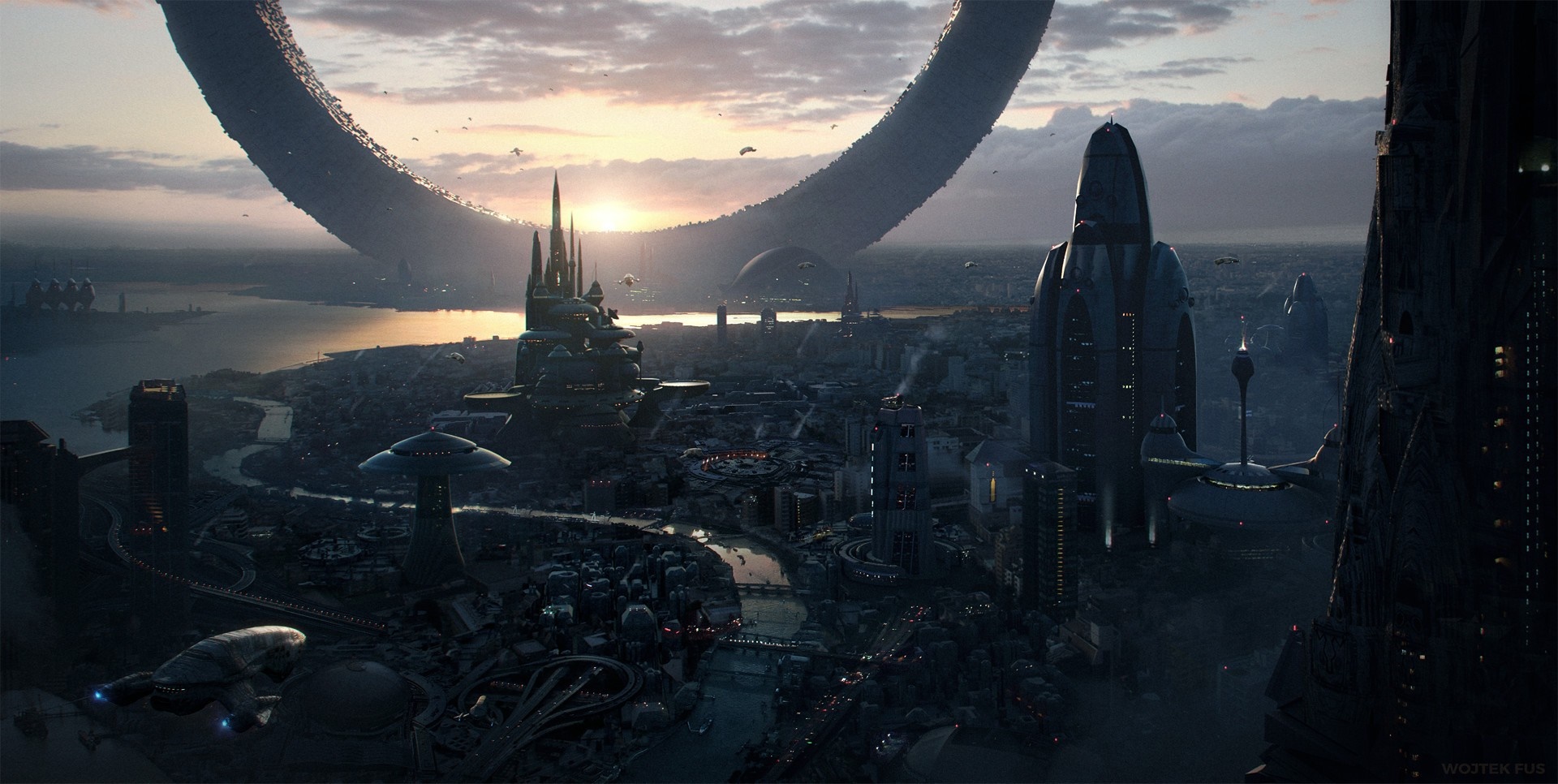 Futuristic city at dusk with a large ring structure HD Wallpaper