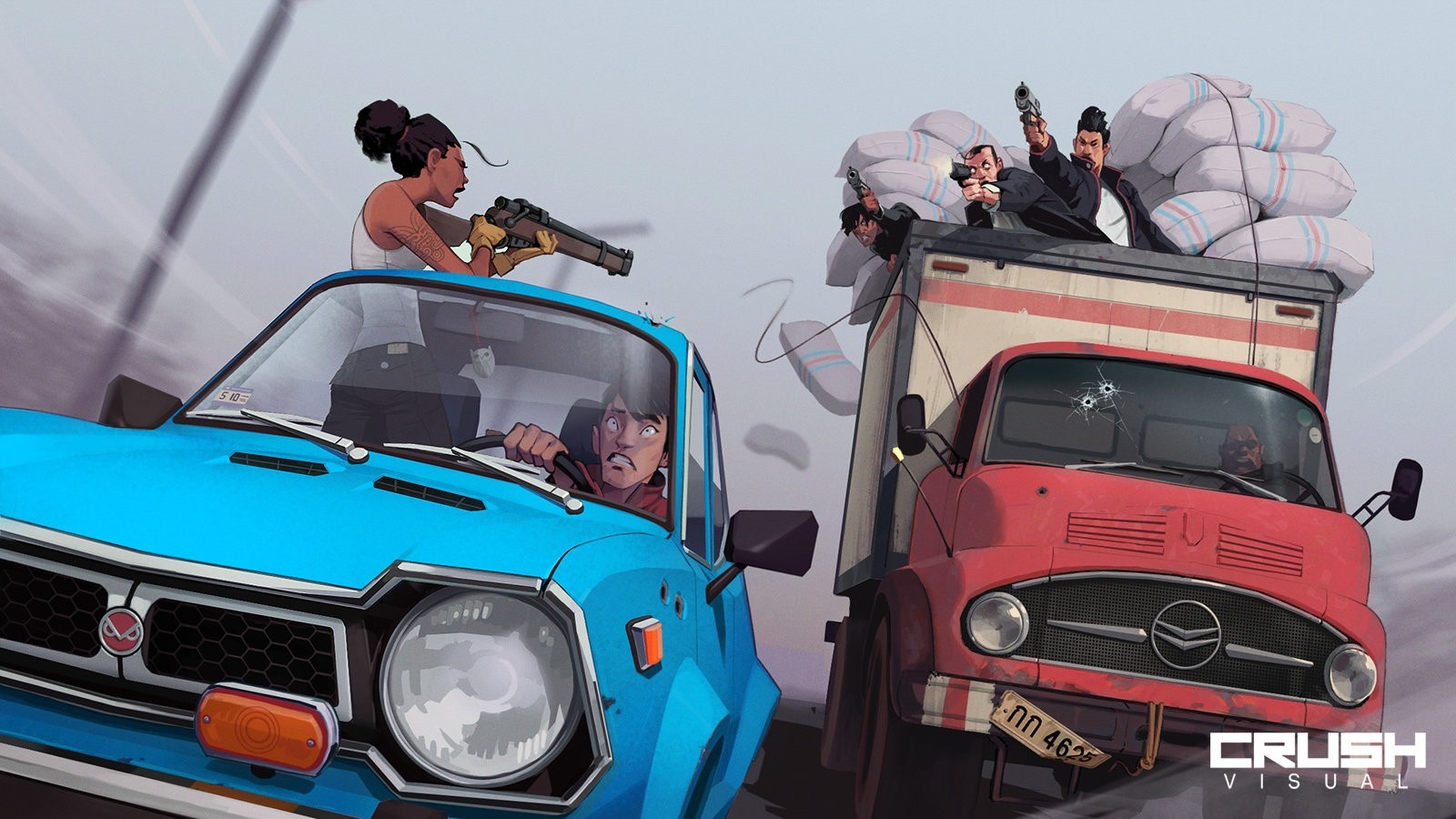 Action scene with cars and armed individuals HD Wallpaper