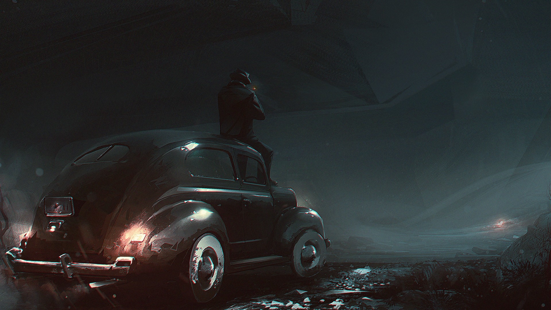 Man sitting on a vintage car at night HD Wallpaper