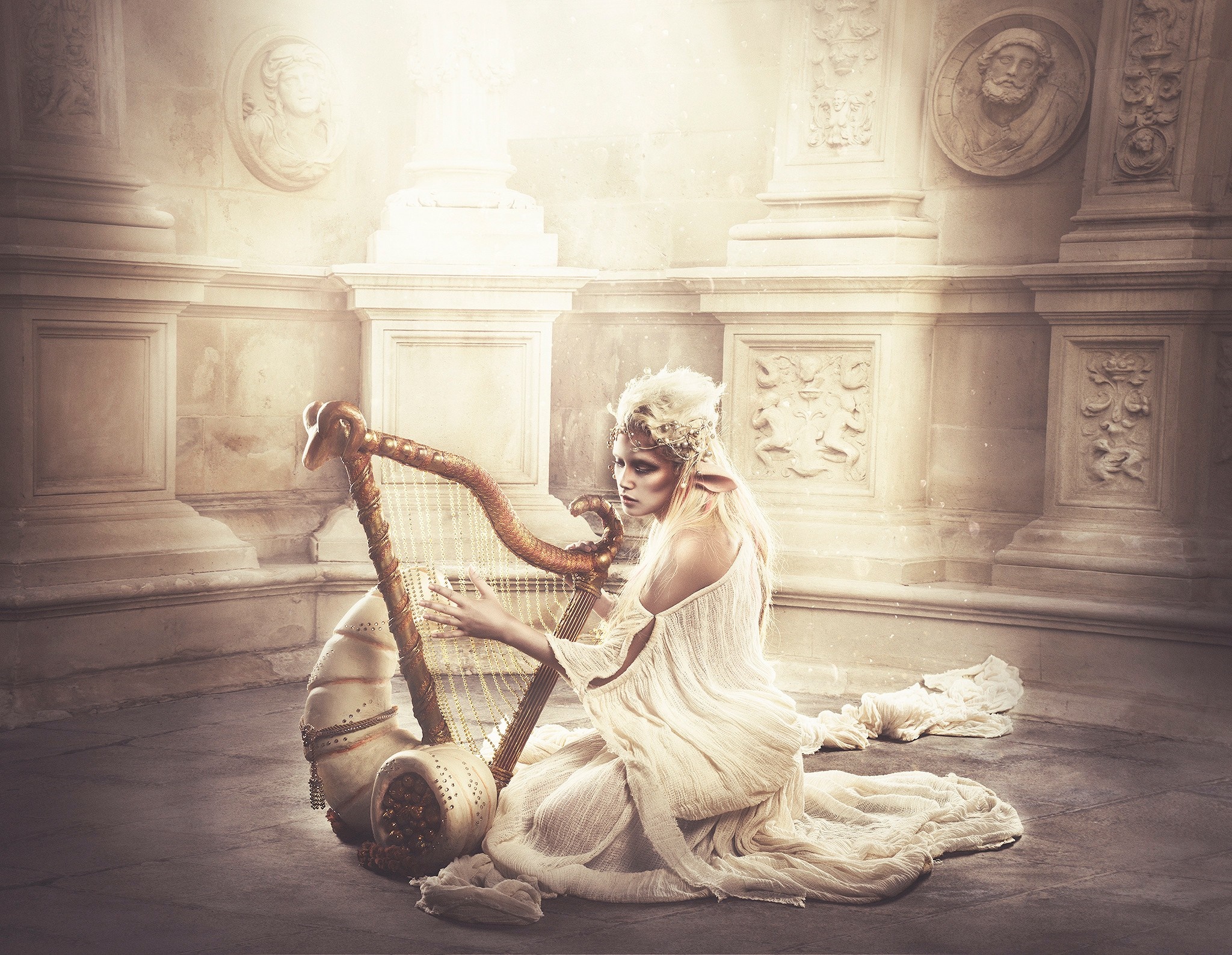 Woman playing a harp in a classical temple HD Wallpaper