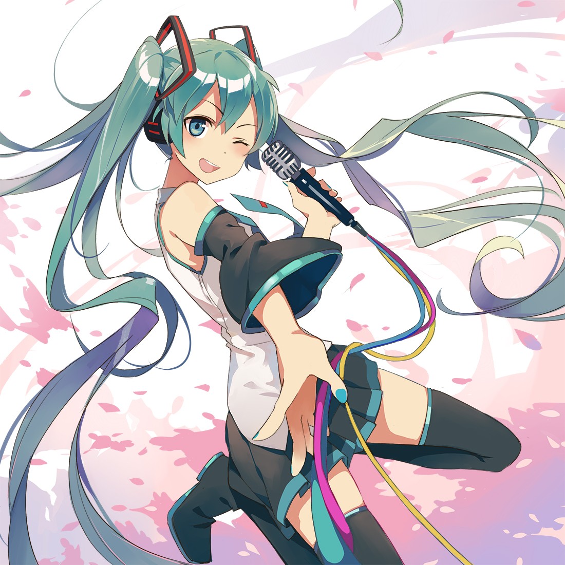 Hatsune Miku singing with a microphone HD Wallpaper