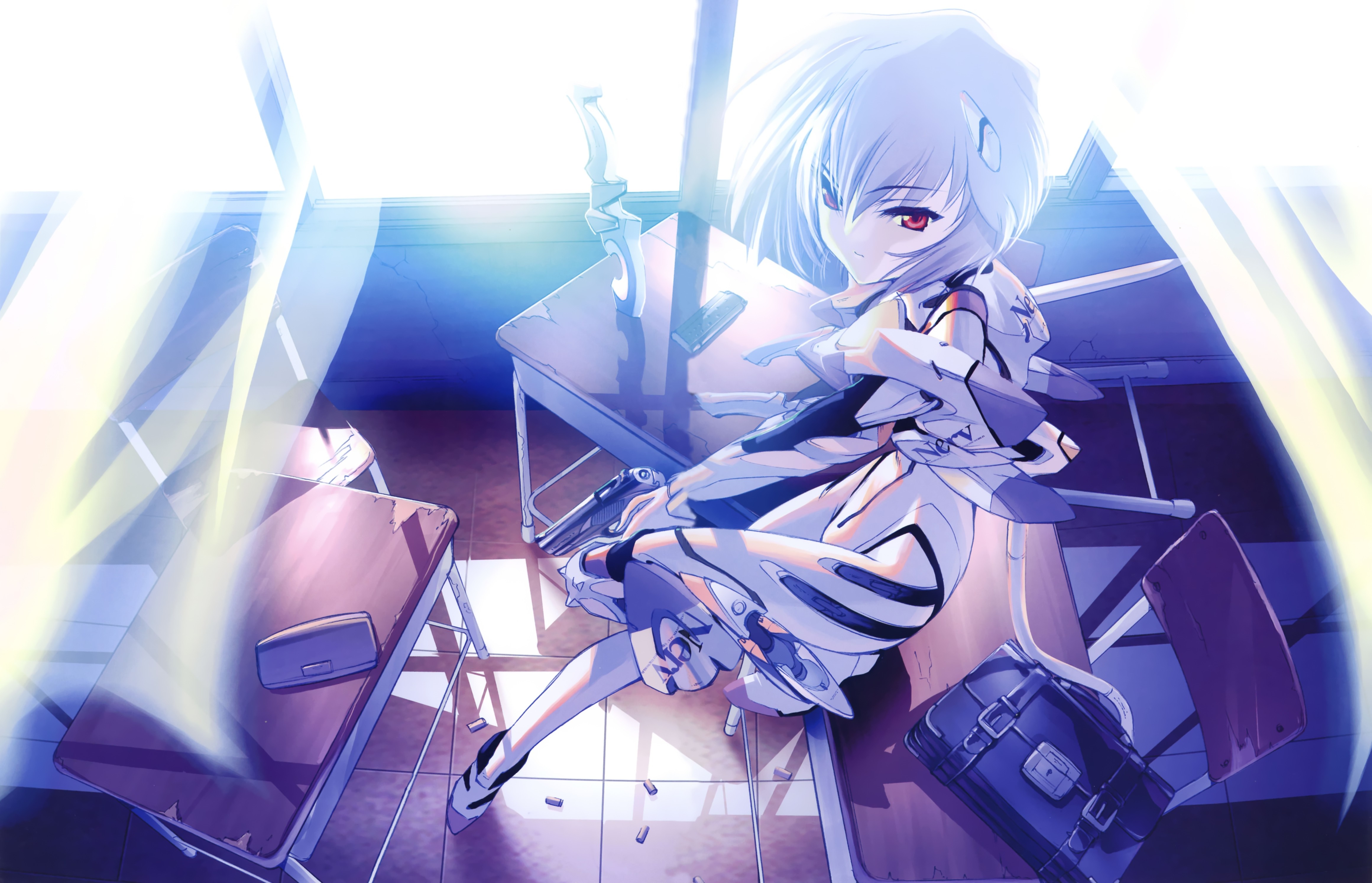 Rei Ayanami from Neon Genesis Evangelion in a classroom HD Wallpaper