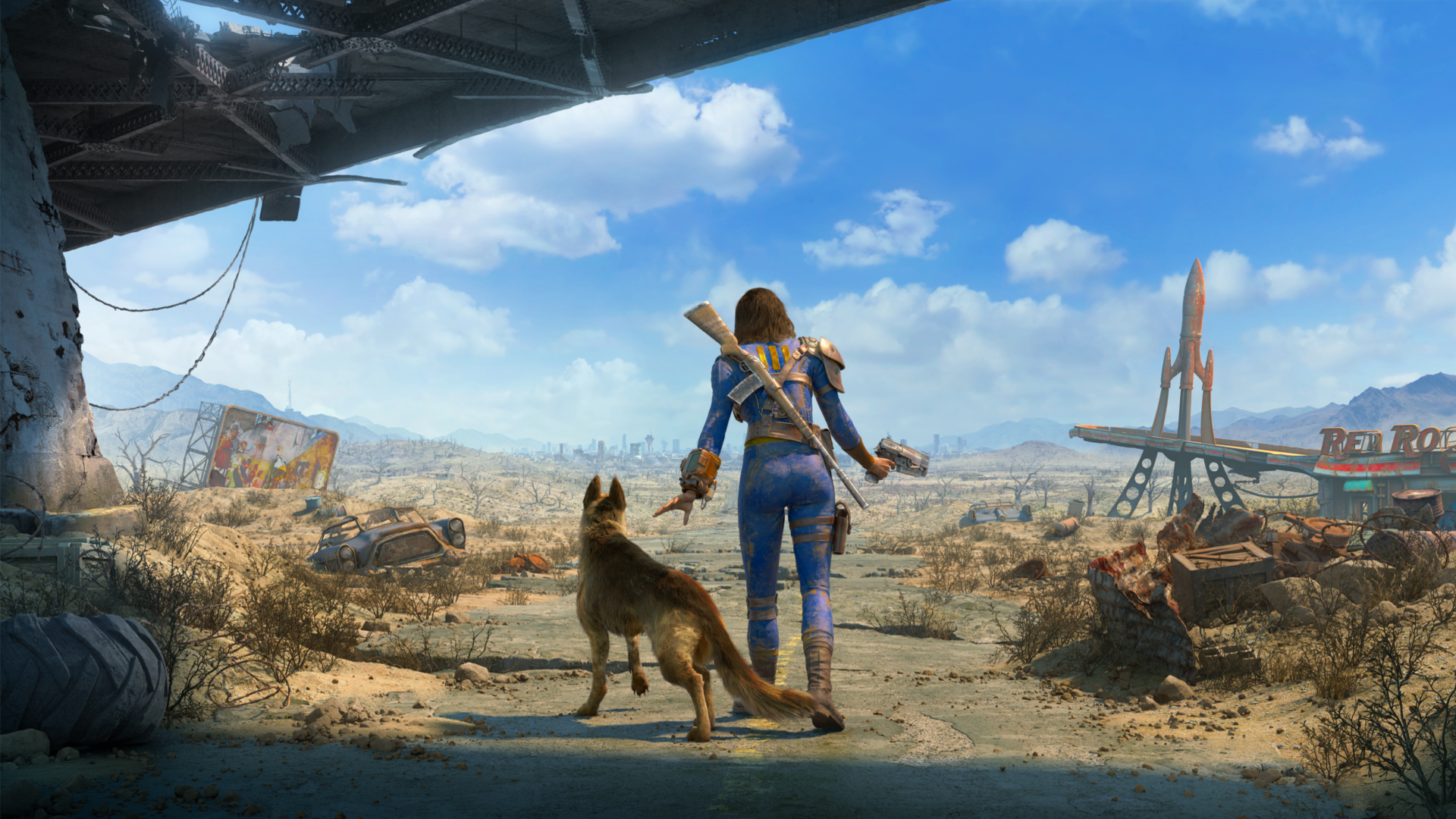 Woman and Dogmeat from Fallout 4 in a wasteland HD Wallpaper